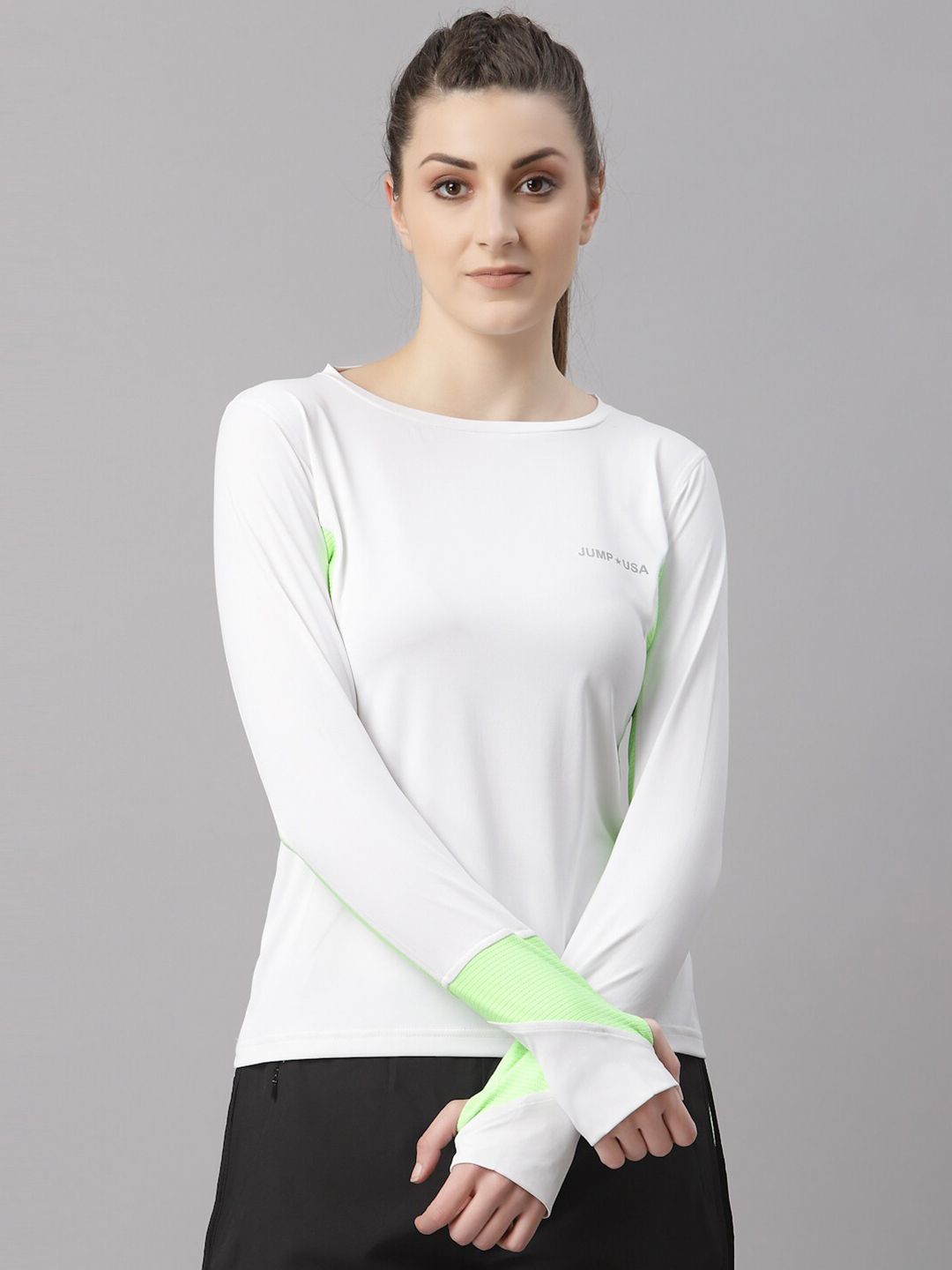JUMP USA Women White & Fluorescent Green Colourblocked T-shirt Price in India