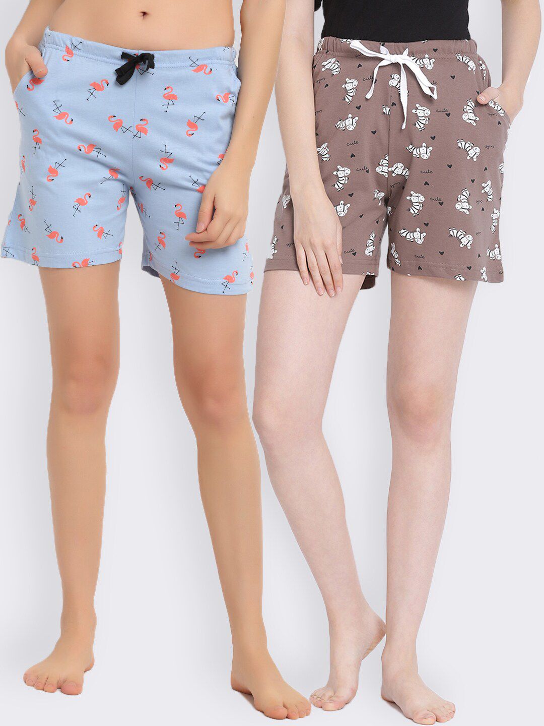 Kanvin Women Set Of 2 Brown & Violet Printed Cotton Lounge Shorts Price in India