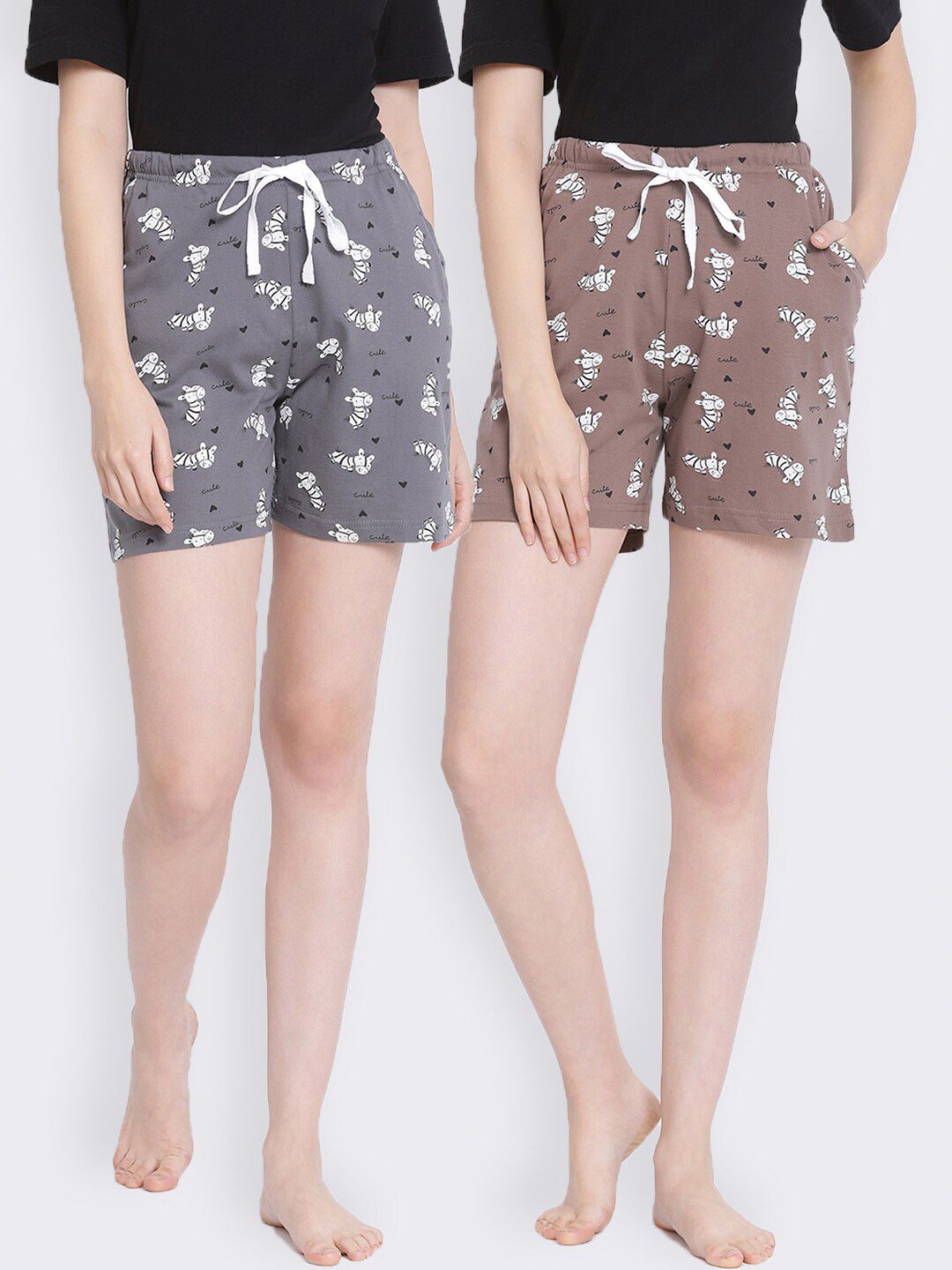 Kanvin Women Pack of 2 Brown & Grey Conversational Printed Pure Cotton Lounge Shorts Price in India