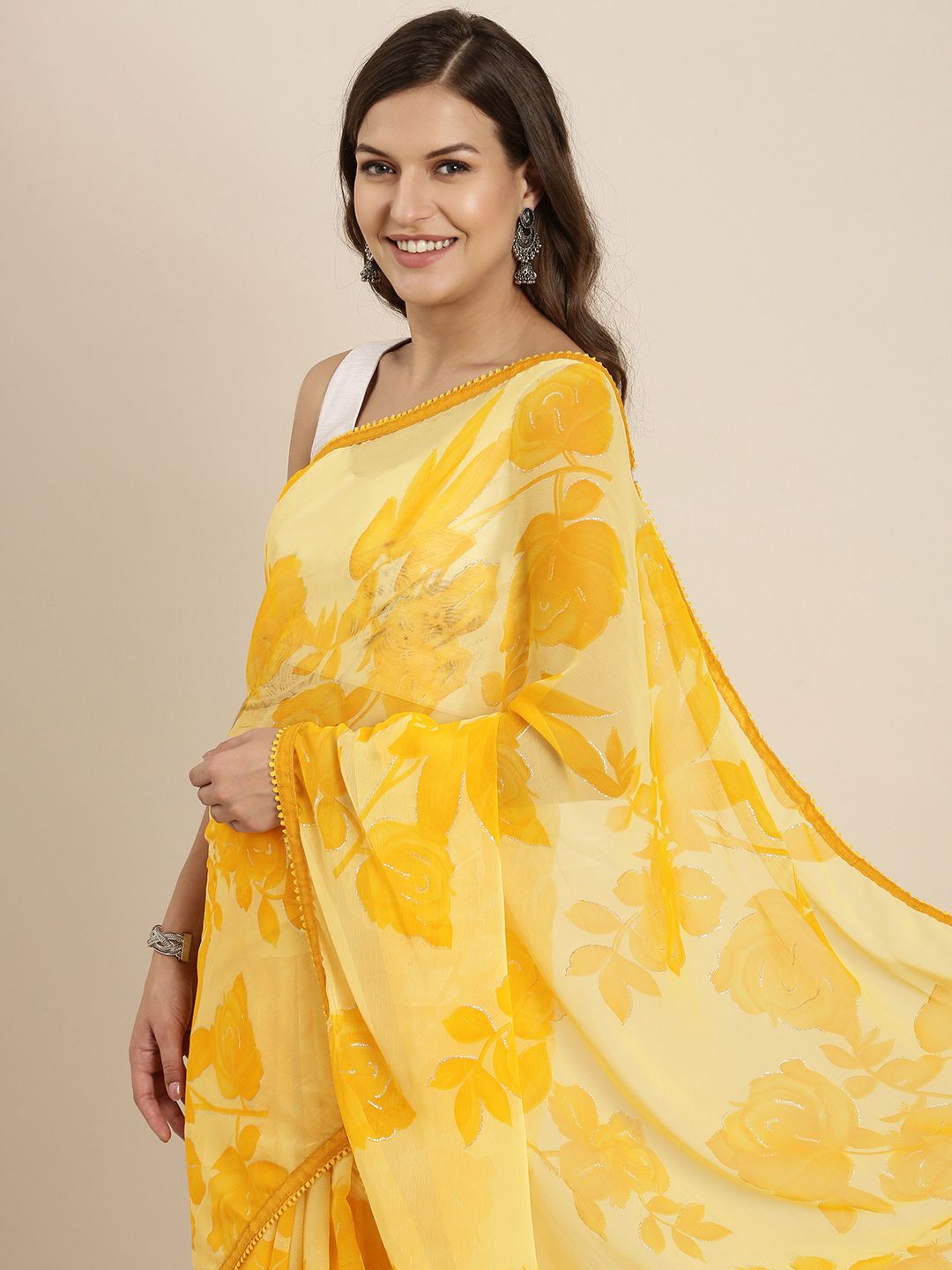 Sangria Yellow Floral Pure Chiffon Saree Price in India