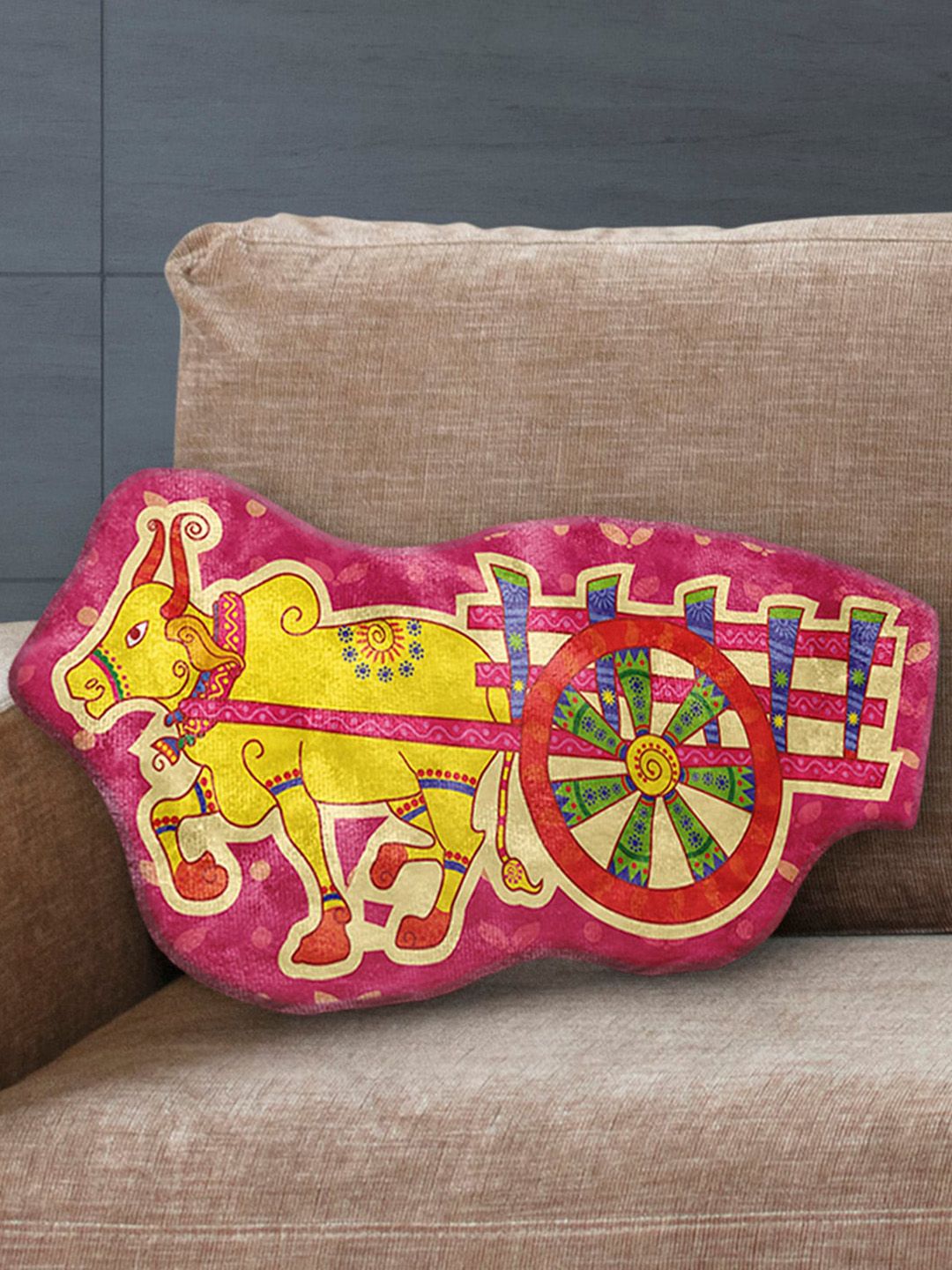 LA VERNE Pink & Yellow Bullock Cart Shaped Cushion With Filler Price in India