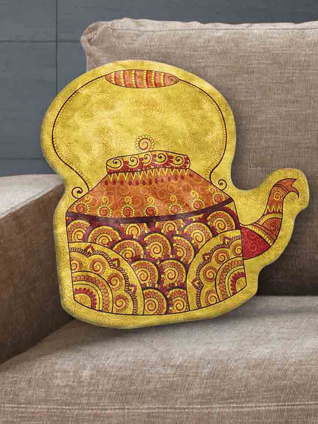 LA VERNE Mustard Yellow & Red Kettle Shaped Cushion With Filler Price in India