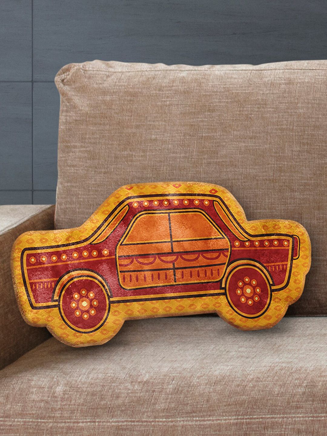 LA VERNE Orange & Red Printed Car Shaped Velvet Cushion with Filler Price in India