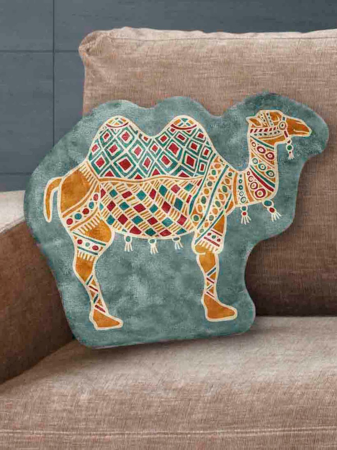 LA VERNE Sage Green & Orange Camel Shaped Cushion With Filler Price in India