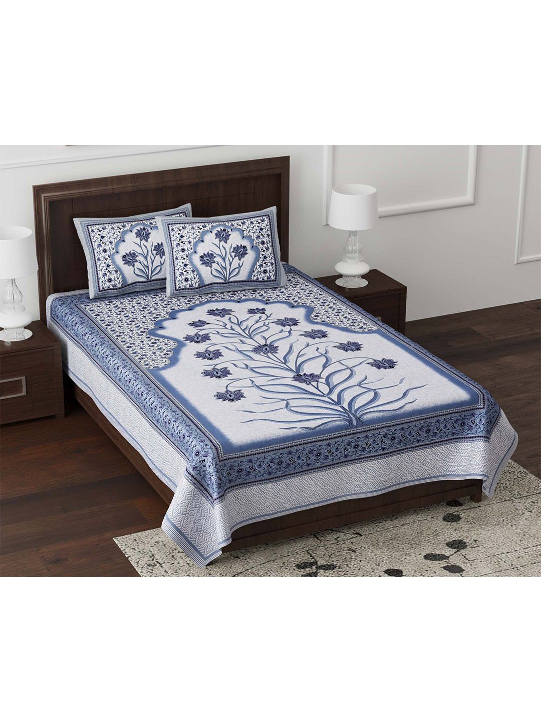 JAIPUR FABRIC Blue Floral 180 TC Single Pure Cotton Bedsheet with 2 Pillow Covers Price in India