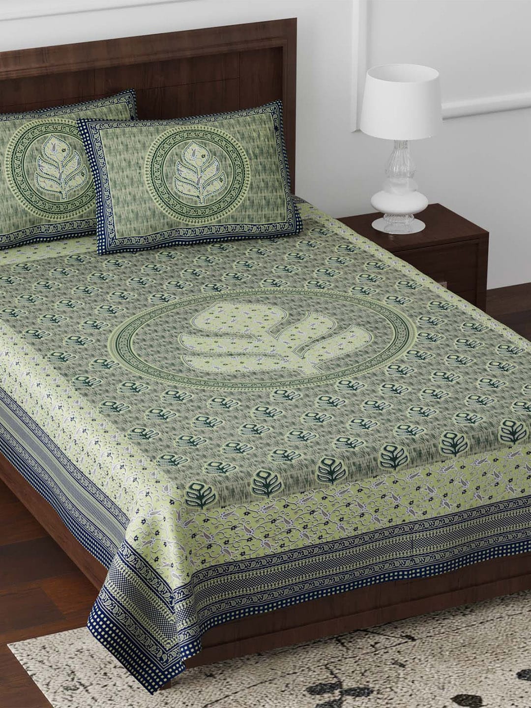 JAIPUR FABRIC Green & Navy Blue Ethnic Motifs 180 TC Single Bedsheet with 2 Pillow Covers Price in India