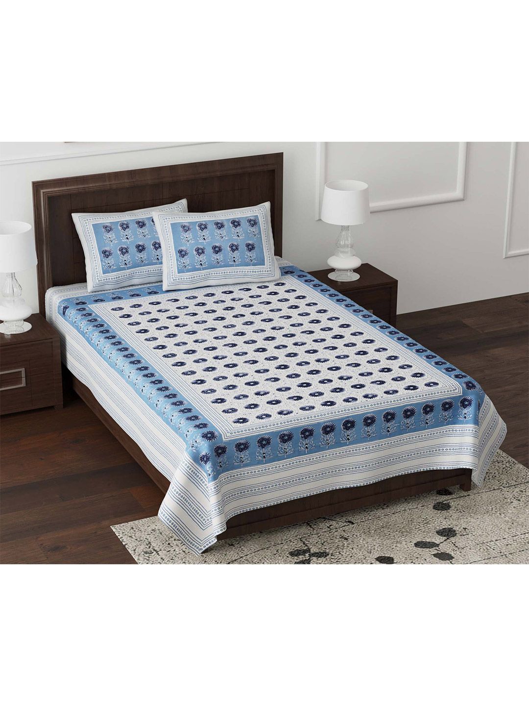 JAIPUR FABRIC Blue & White Cotton Ethnic Motifs 180 TC Bedsheet with 2 Pillow Covers Price in India