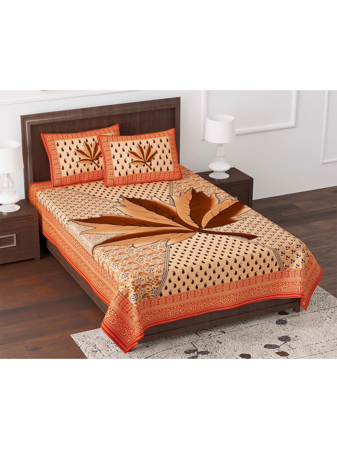 JAIPUR FABRIC Orange & Brown Floral Cotton 180 TC Queen Bedsheet with 2 Pillow Covers Price in India