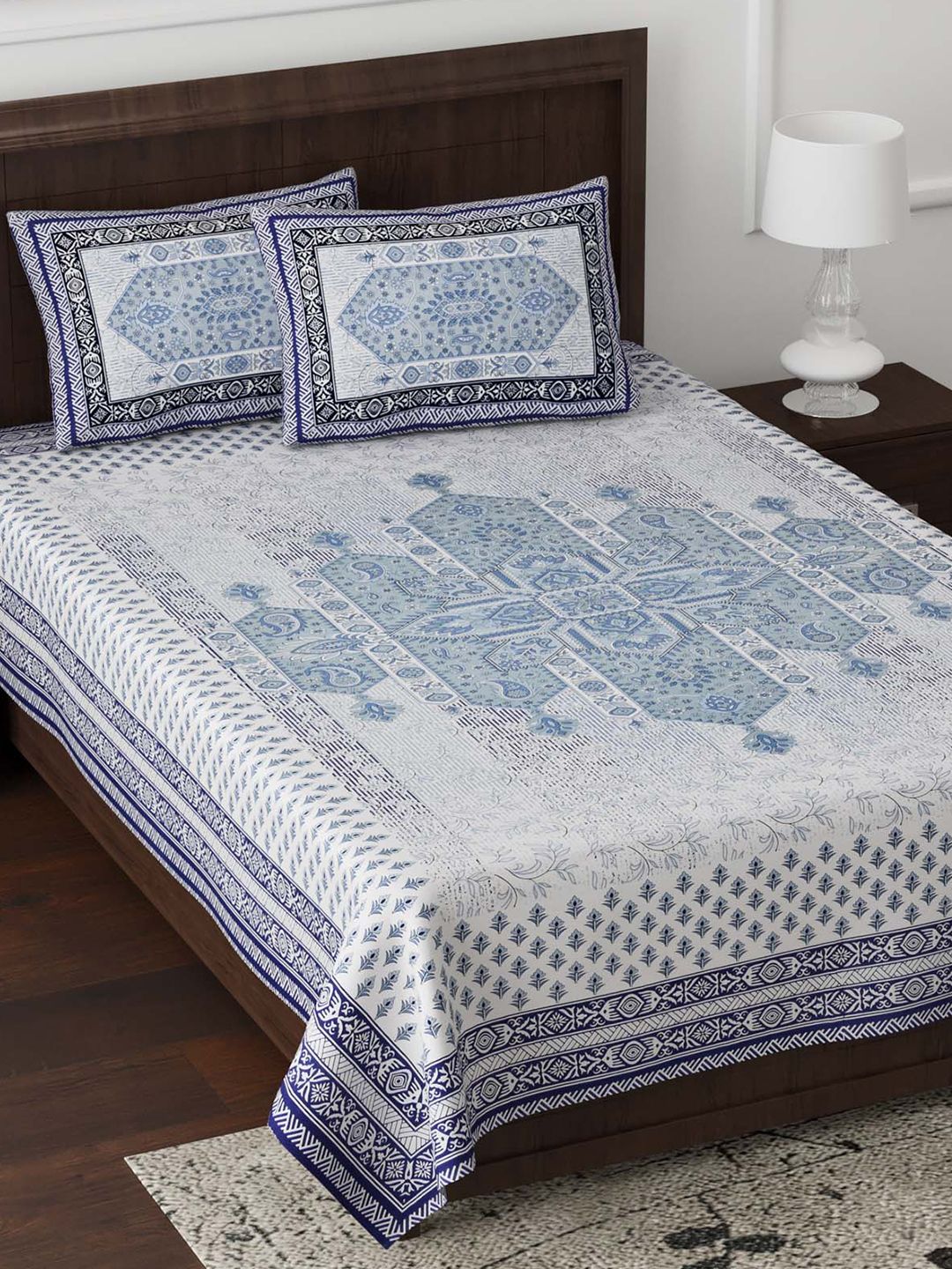 JAIPUR FABRIC Blue & White Ethnic Motifs 180 TC Single Bedsheet with 2 Pillow Covers Price in India