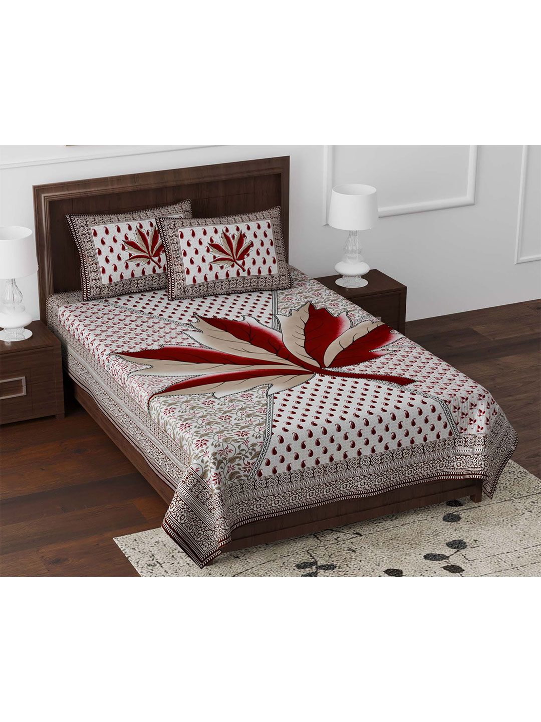 JAIPUR FABRIC Red & Beige Ethnic Motifs 180 TC Single Bedsheet with 2 Pillow Covers Price in India