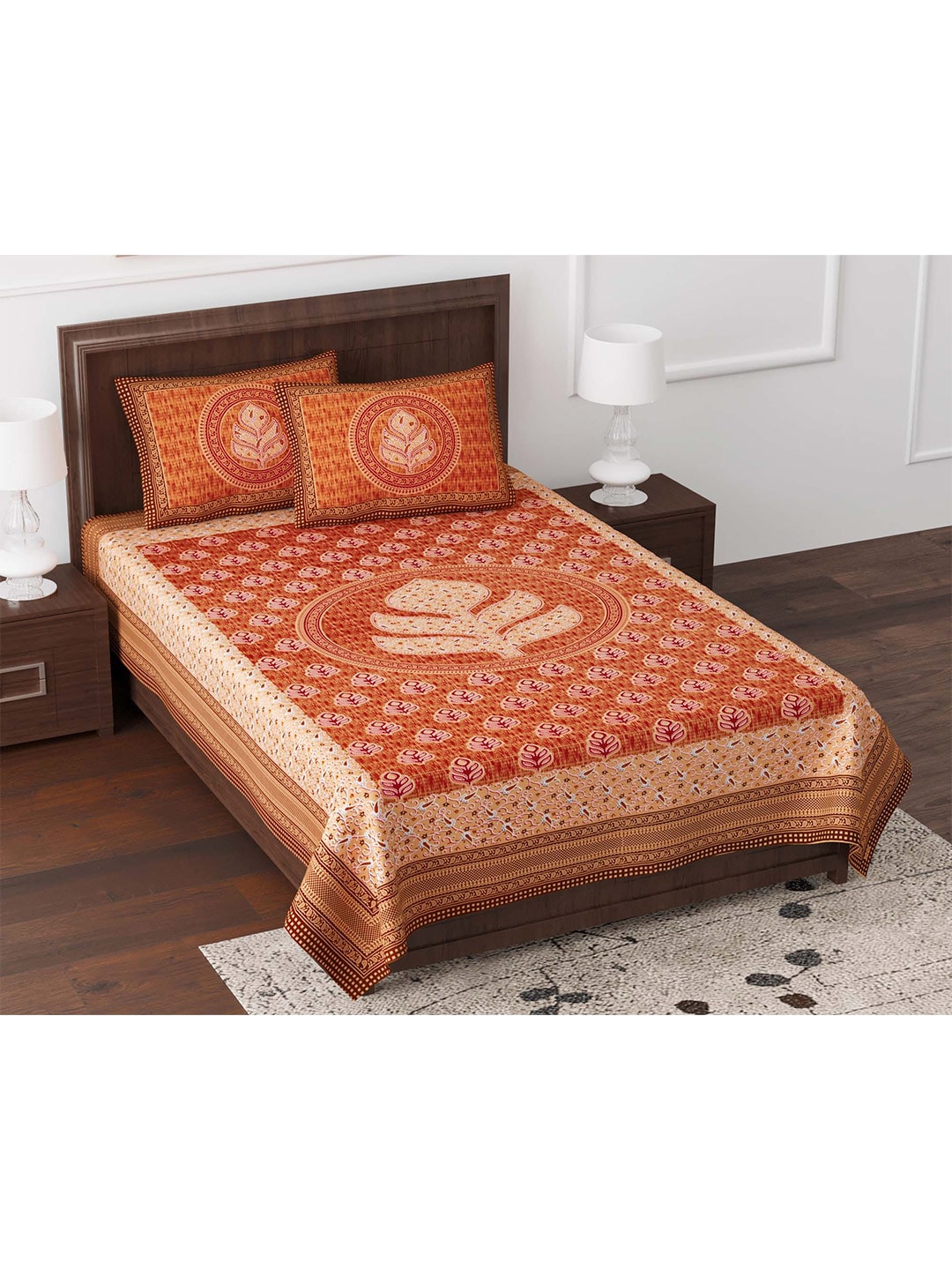 JAIPUR FABRIC Orange & Beige 180 TC Pure Cotton Single Bedsheet with 2 Pillow Covers Price in India