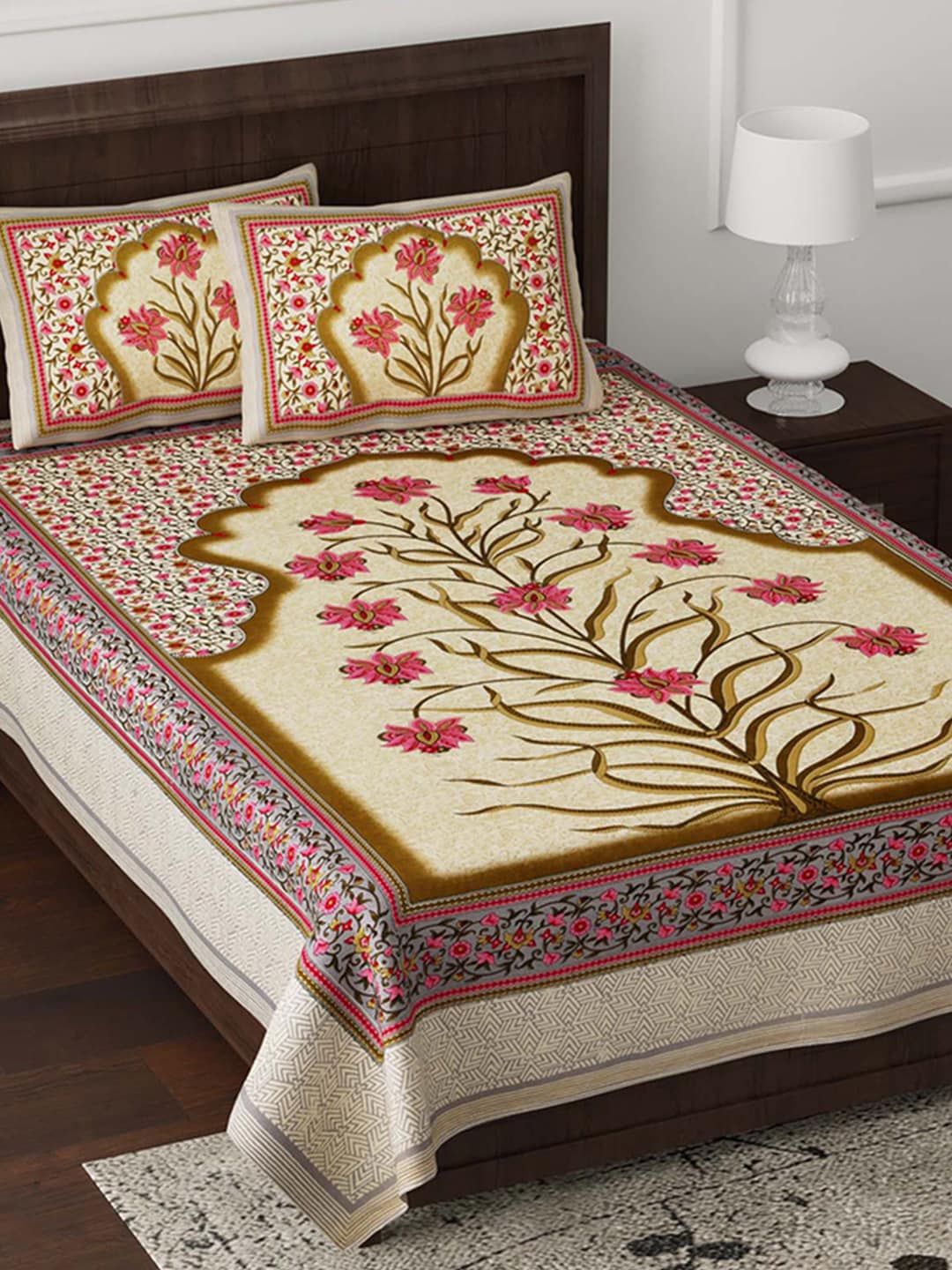 JAIPUR FABRIC Cream-Coloured & Brown Floral 180 TC Single Bedsheet with 2 Pillow Covers Price in India