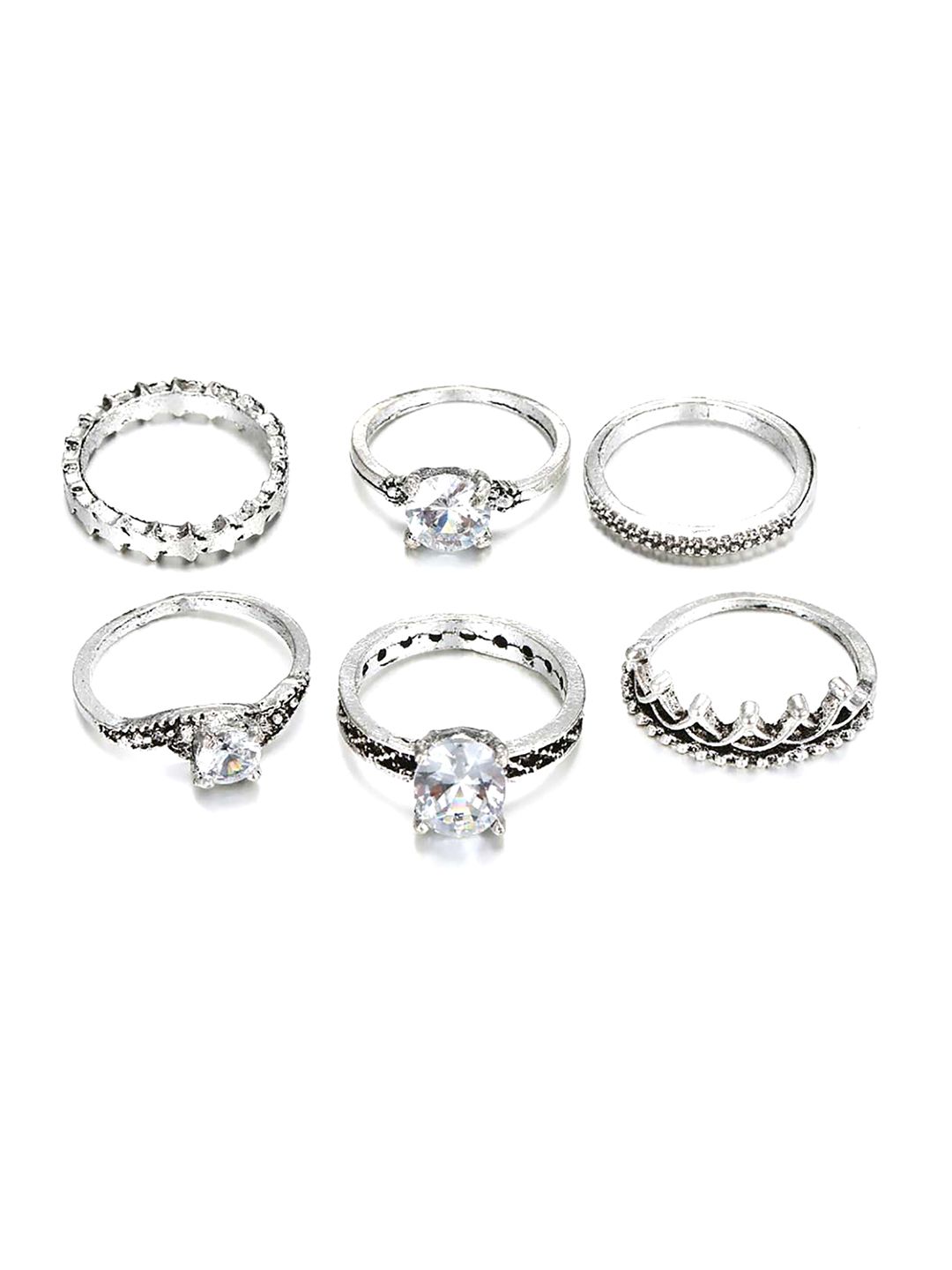 KACY Set Of 6 Sterling Silver Silver-Plated Cubic Zirconia Crystal Studded Finger Rings Price in India