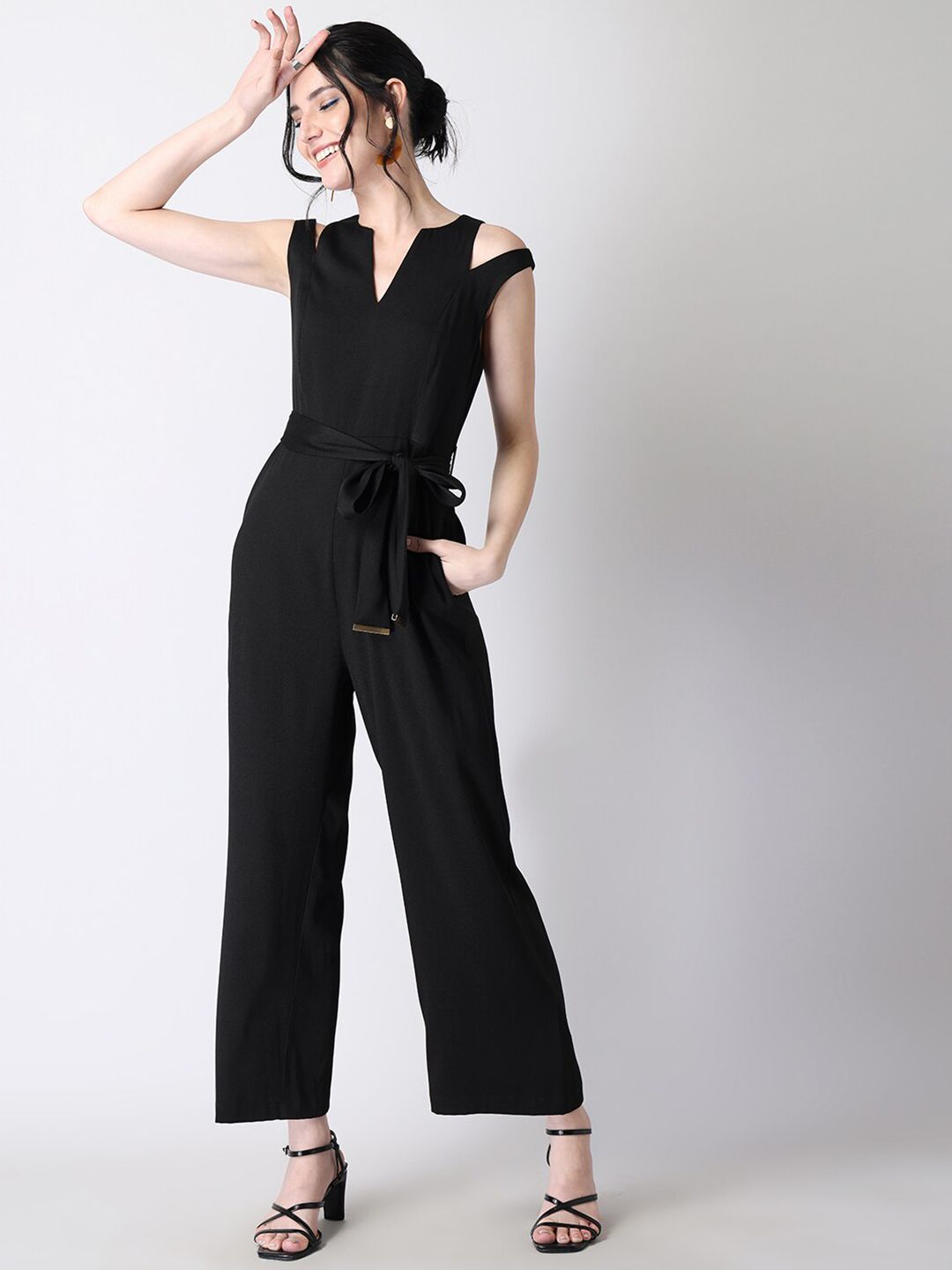 FabAlley Black Shoulder Cut Out Belted Jumpsuit Price in India