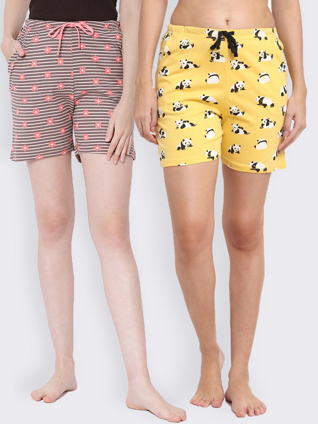 Kanvin Women Brown & Yellow Printed Lounge Shorts Set Of 2 Price in India