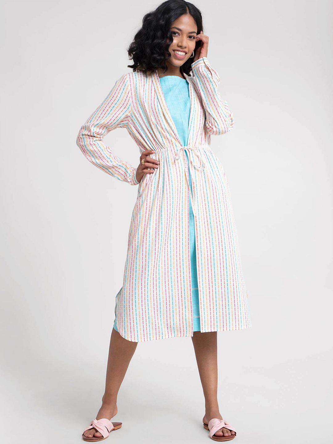 Marigold by FableStreet Women White Blue Striped Longline Cotton Open Front Jacket Price in India