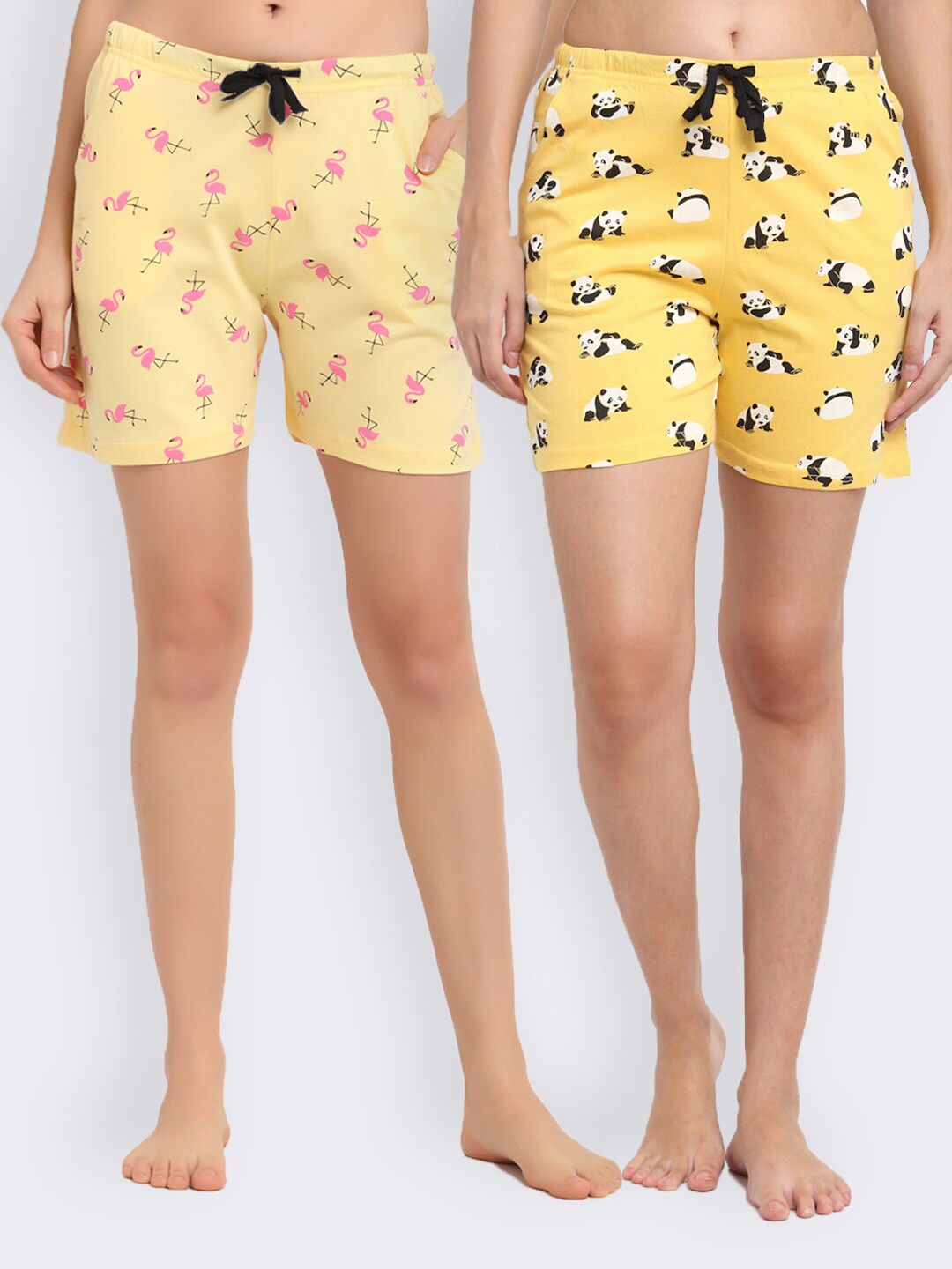 Kanvin Women Yellow & Black Set of 2 Printed Lounge Shorts Price in India