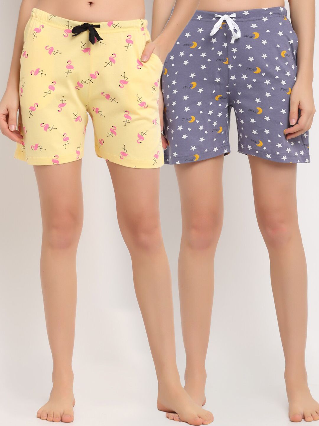 Kanvin Women Pack of 2 Yellow & Mauve Printed Pure Cotton Lounge Shorts Price in India