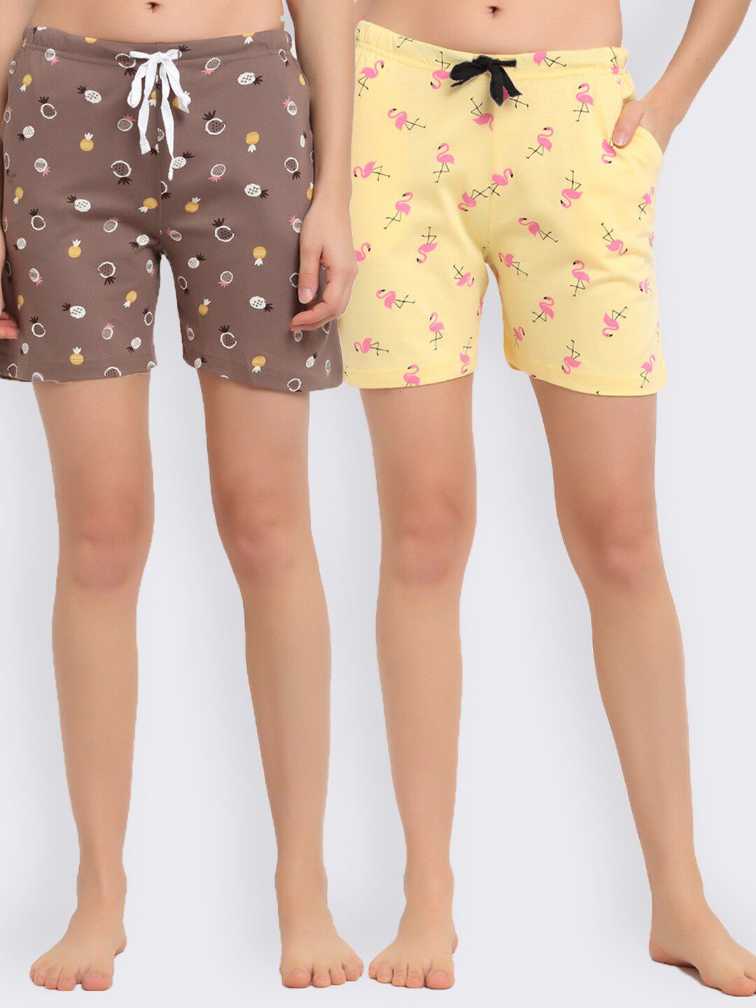 Kanvin Women Yellow & Brown Set Of 2 Printed Lounge Shorts Price in India