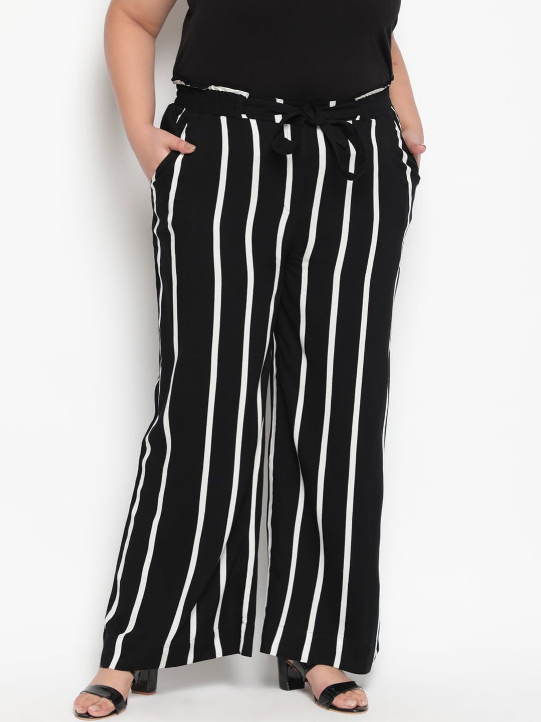 Amydus Women Plus Size Black Striped Parallel Trousers Price in India