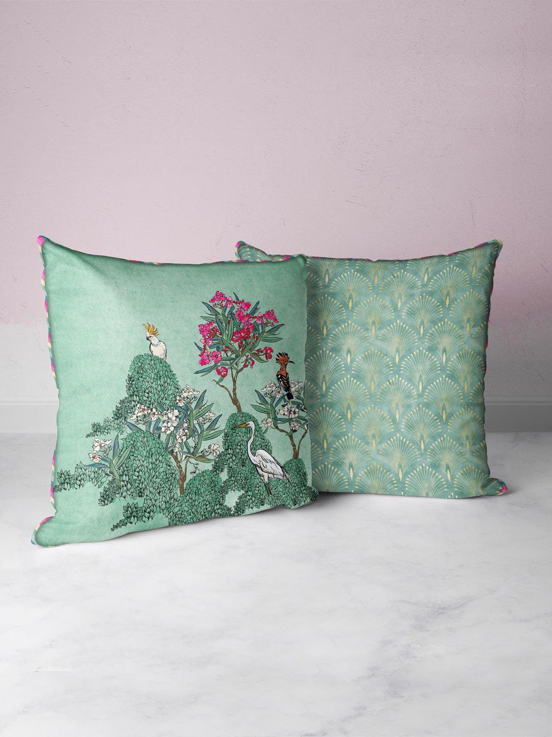 BIANCA Green & Teal Set of 2 Floral Square Cushion Covers Price in India