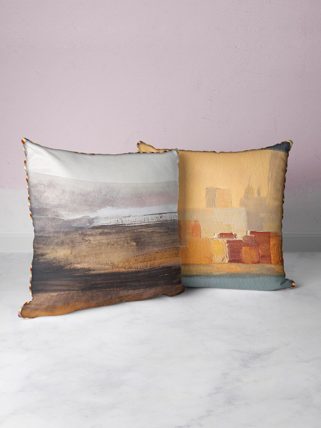 BIANCA Brown Abstract Polyester Washable 2 Piece Square Cushion Covers -16x16In