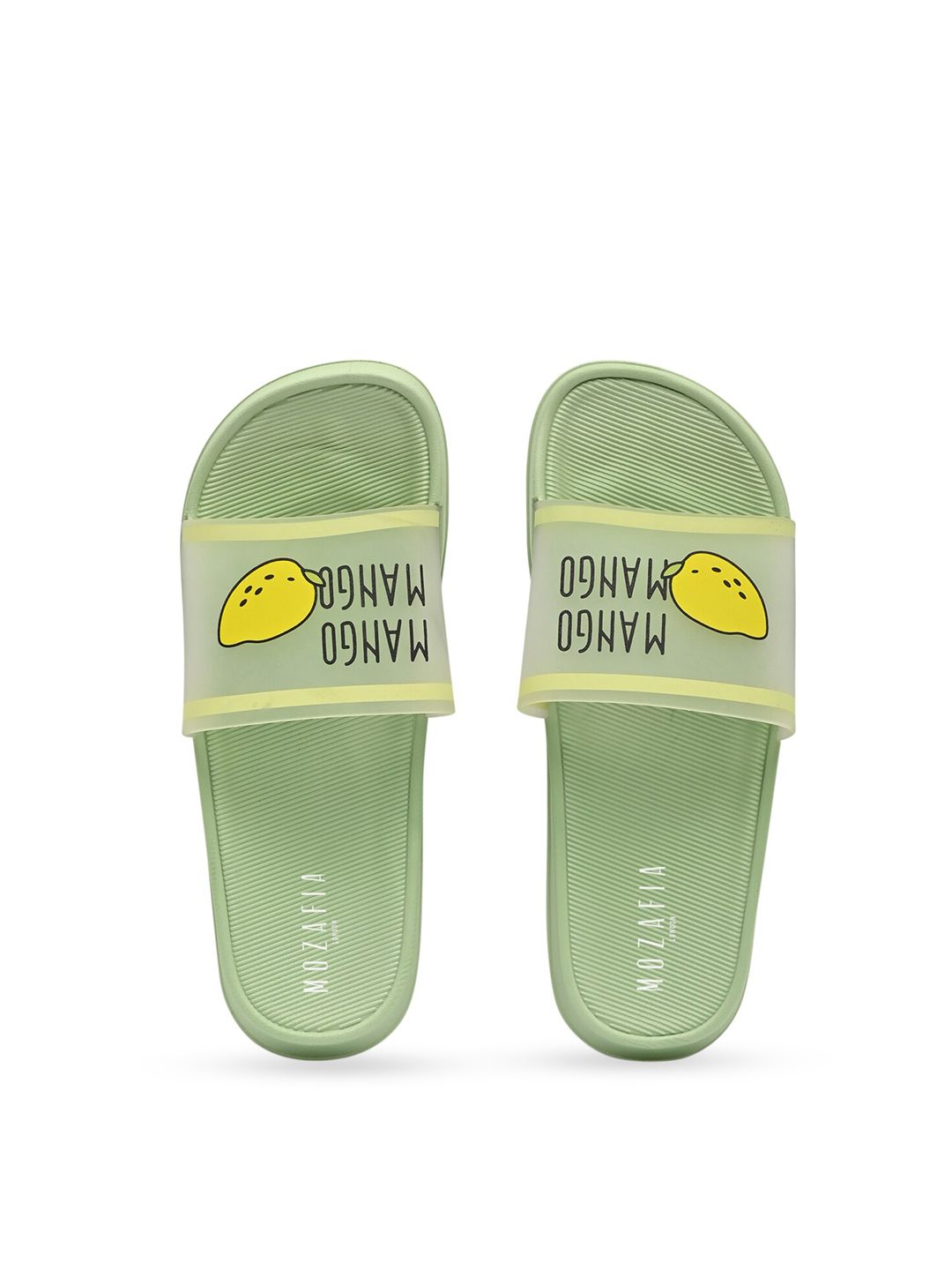 MOZAFIA Women Green & Yellow Printed Rubber Sliders Price in India