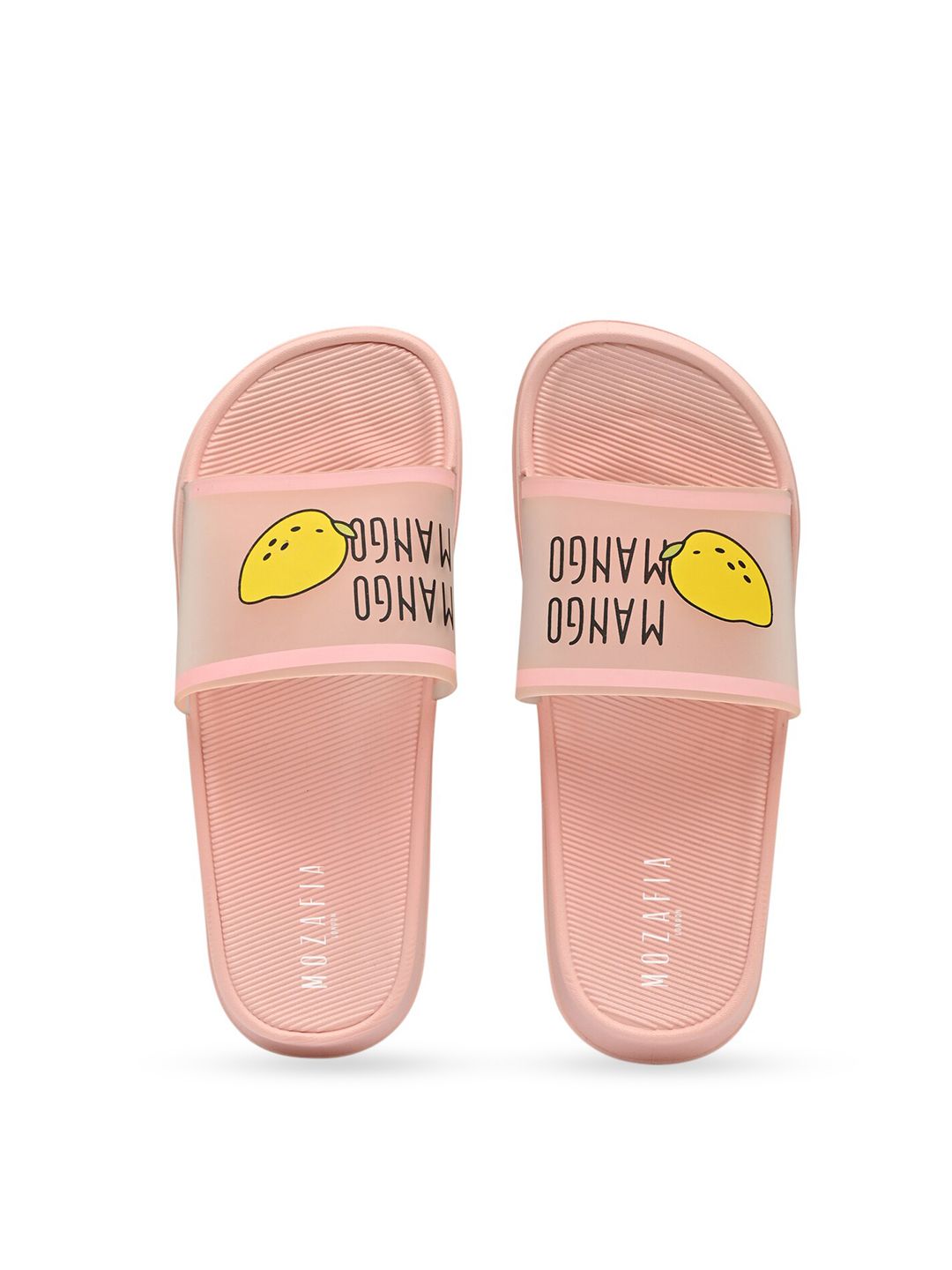 MOZAFIA Women Pink & Yellow Printed Rubber Sliders Price in India