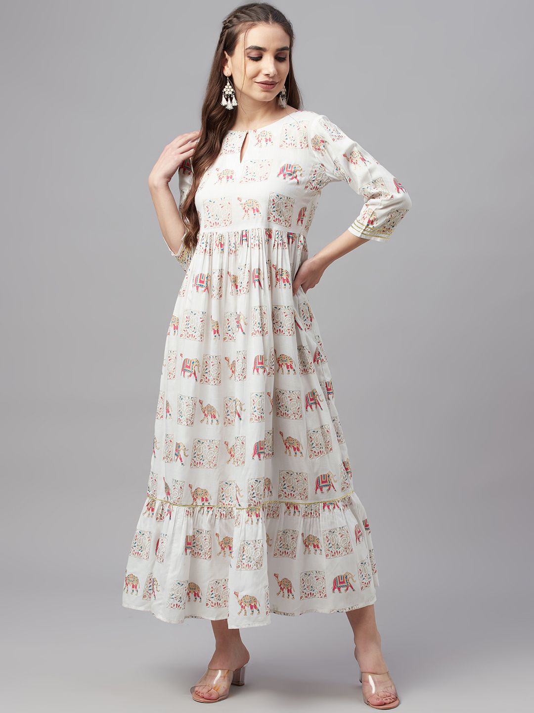 MBE White Ethnic Motifs Ethnic Cotton Maxi Dress Price in India