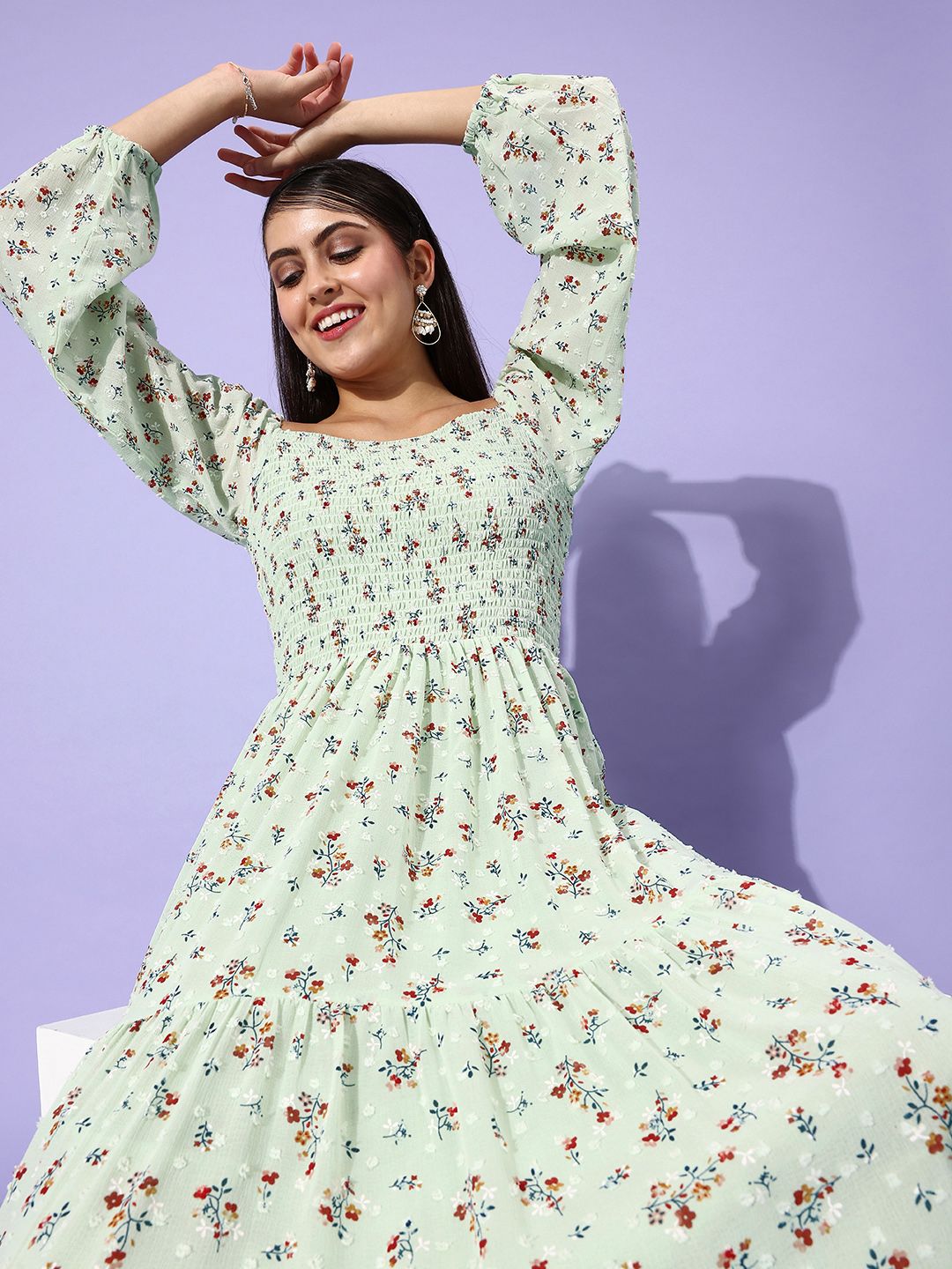 ZOLA Women Beautiful Green Floral Volume Play Dress Price in India