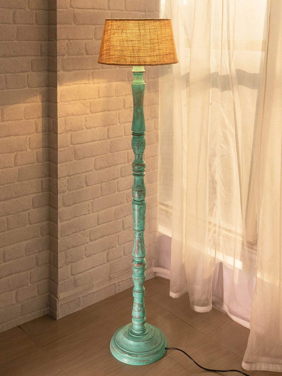 Homesake Brown & Sea Green Wood Antique Floor lamp With Jute Drum Shade Price in India
