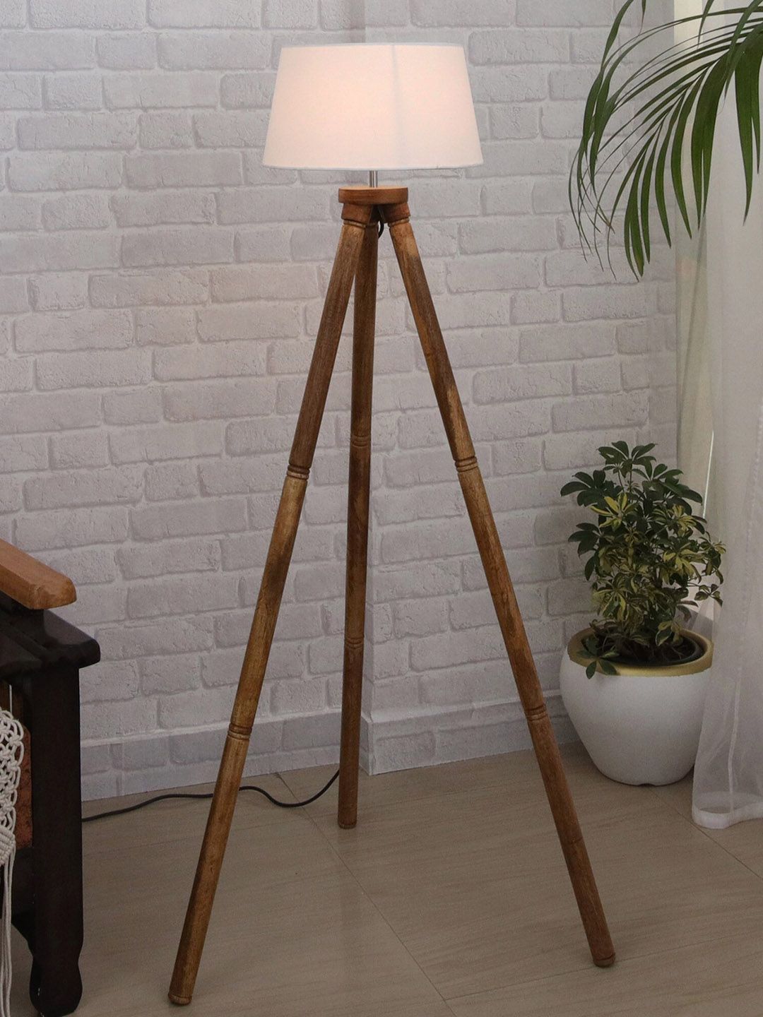 Homesake White & Brown Frustum Shaped Wooden Tripod Floor Lamp With Bulb Price in India