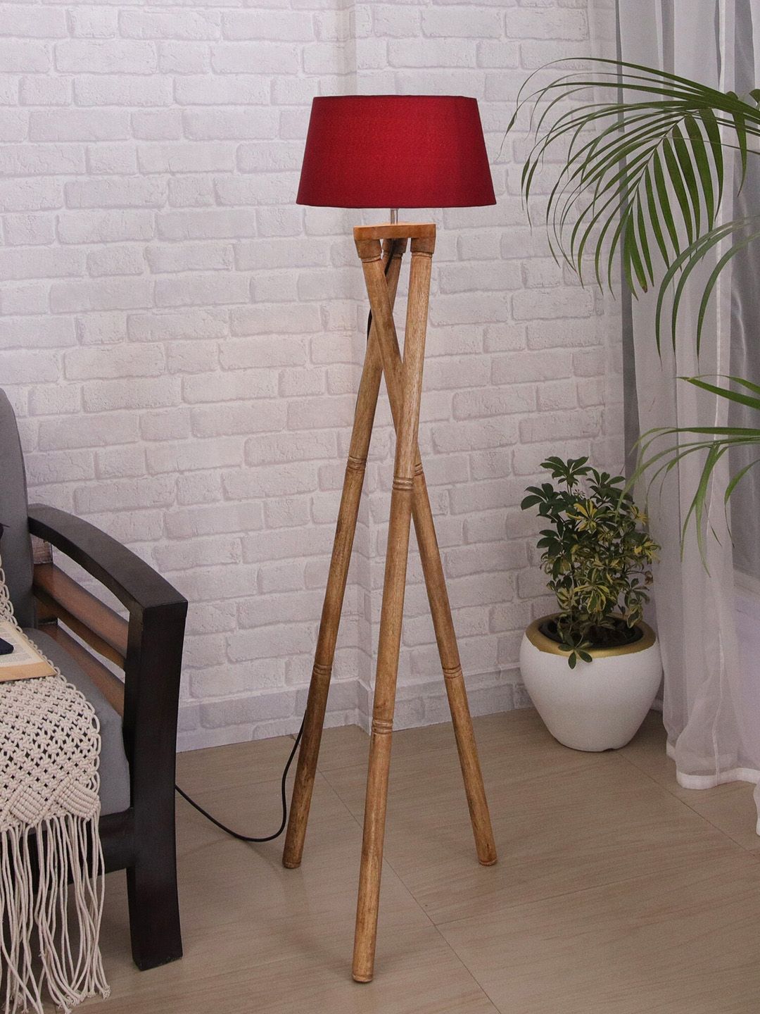 Homesake Red Shade Cross-Leg Wooden Tripod Floor Lamp Price in India