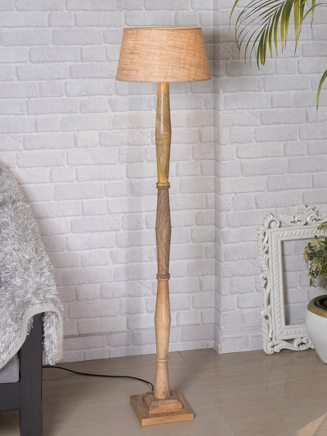 Homesake Brown Wooden Candlestick Floor Lamp With Jute Drum Shade Price in India