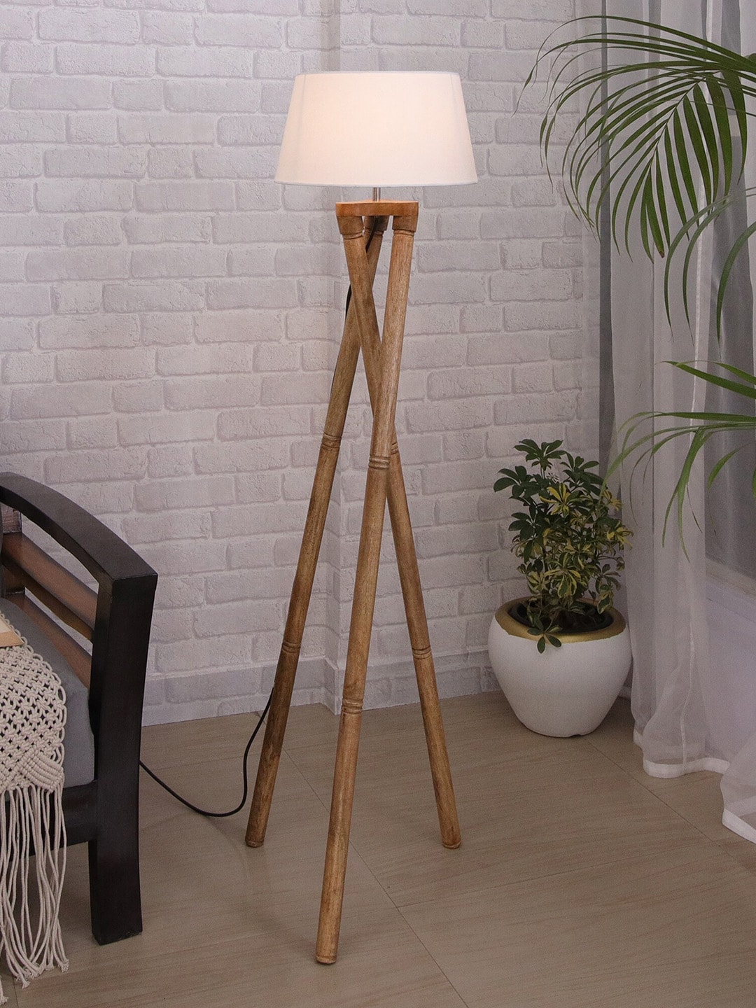 Homesake White & Brown Contemporary Candlestick Tripod Floor Lamp With Jute Shade Price in India