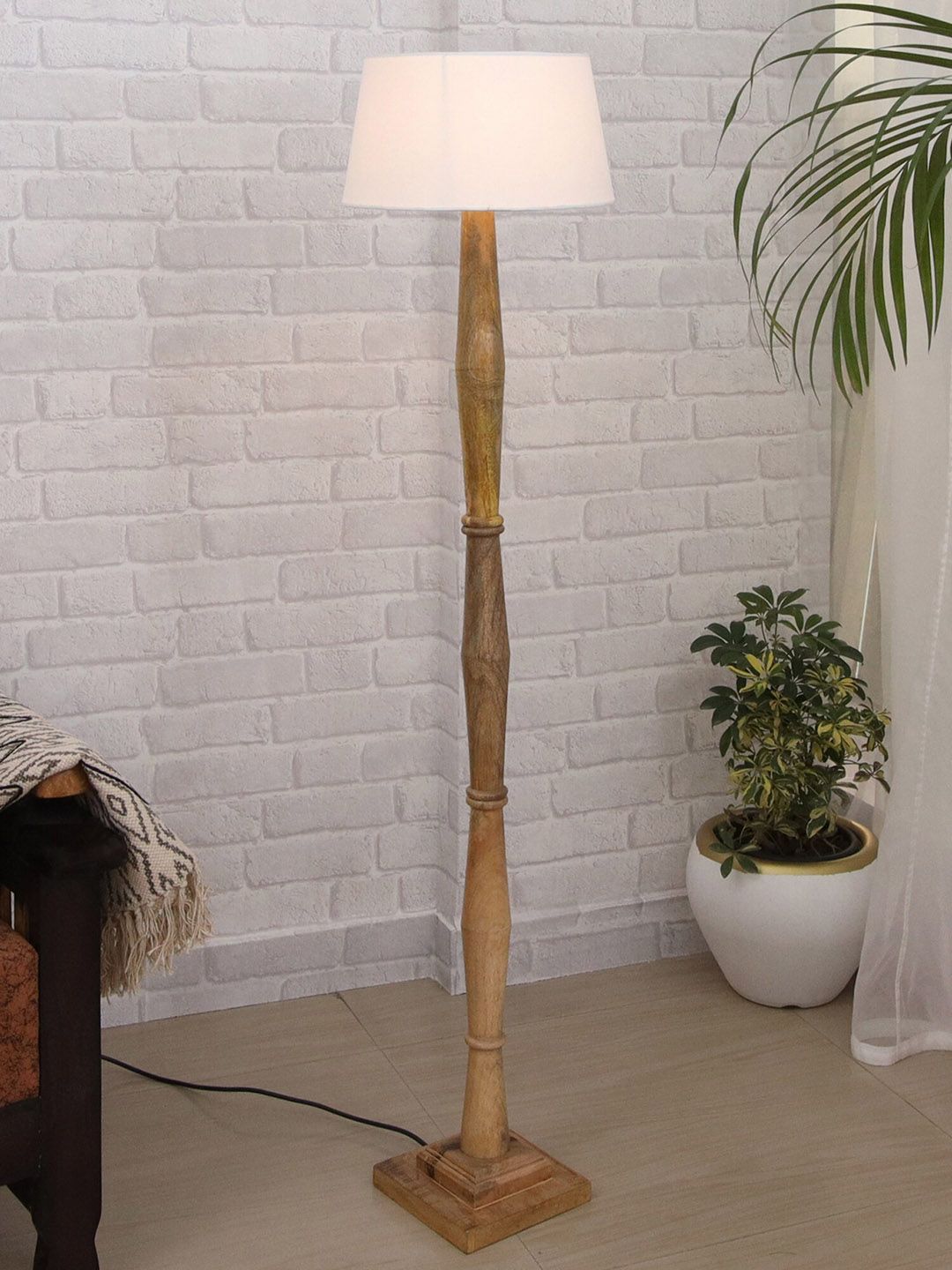 Homesake White Wooden Natural Diamond Candlestick Floor Lamp With Shade Price in India