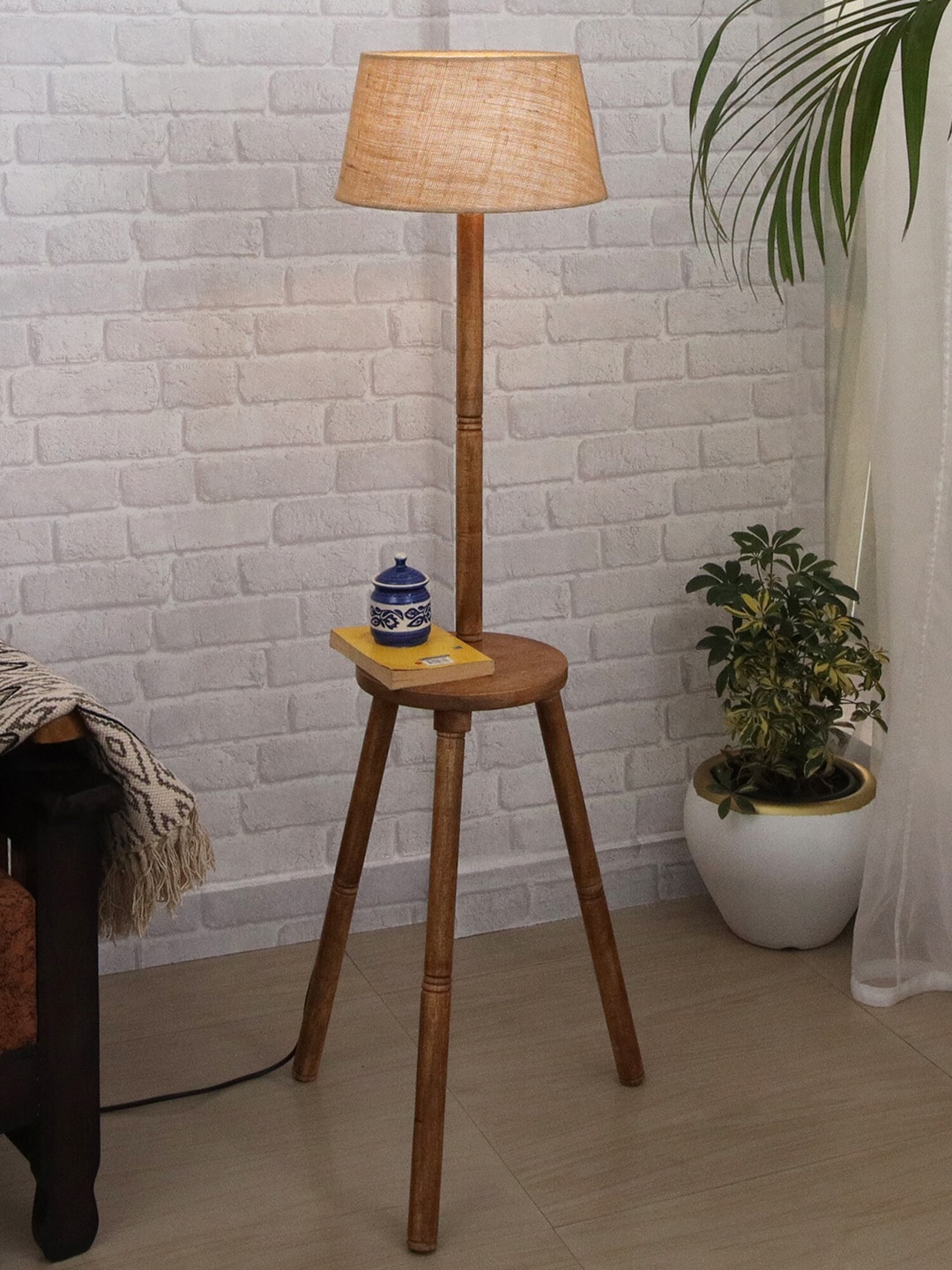 Homesake Beige & Brown Wooden Traditional Tripod Floor Lamp Price in India
