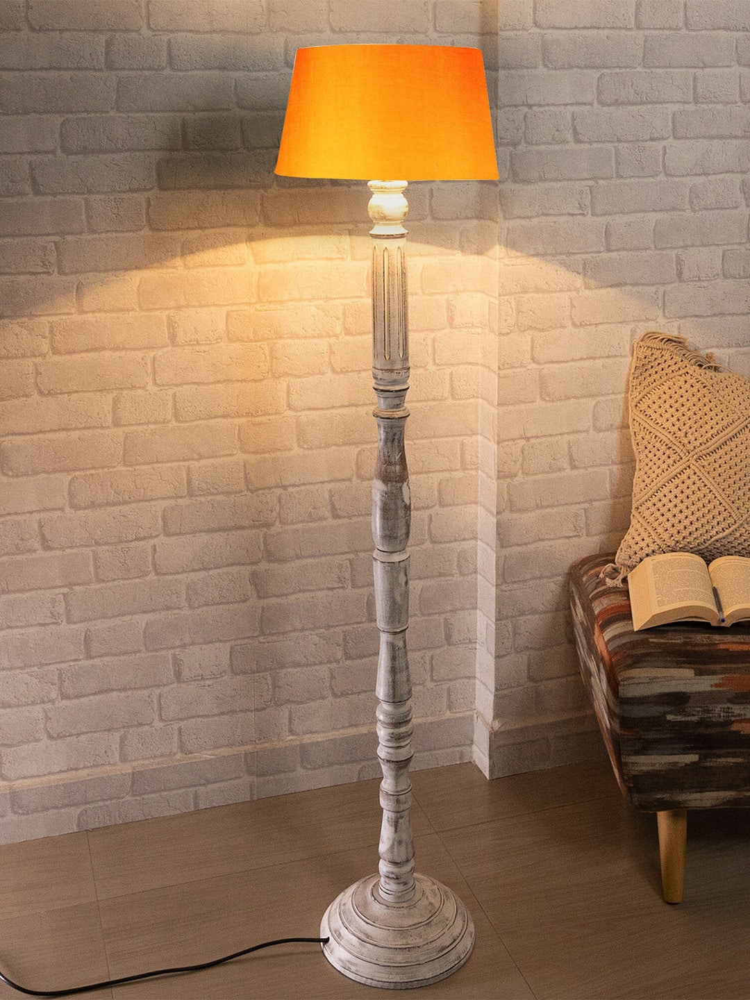 Homesake Orange Wood Antique White Athens Candlestick Floor Lamp With Orange Drum Shade Price in India