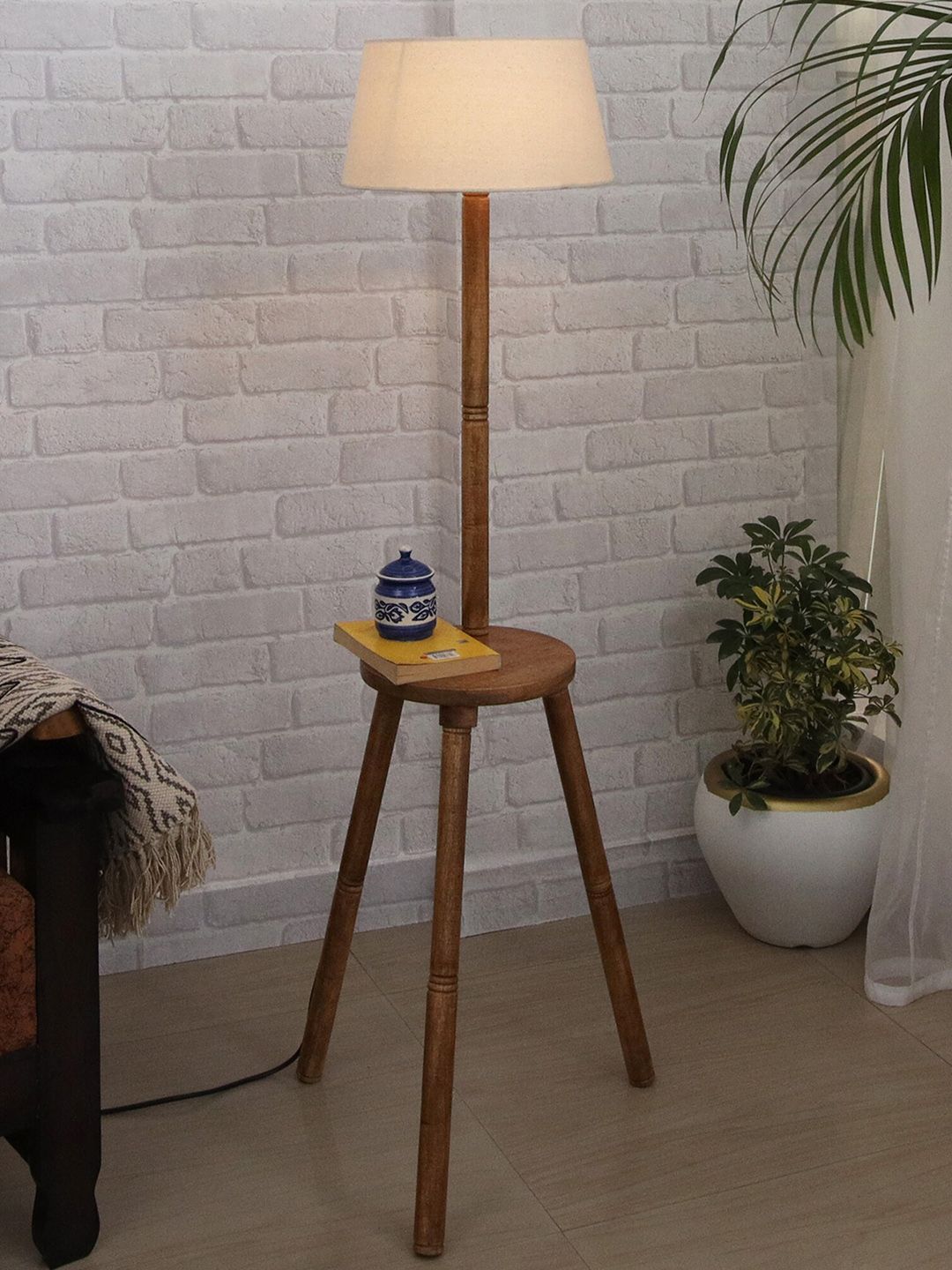 Homesake Beige Tripod Wooden Floor Lamp With Khadi Shade Price in India