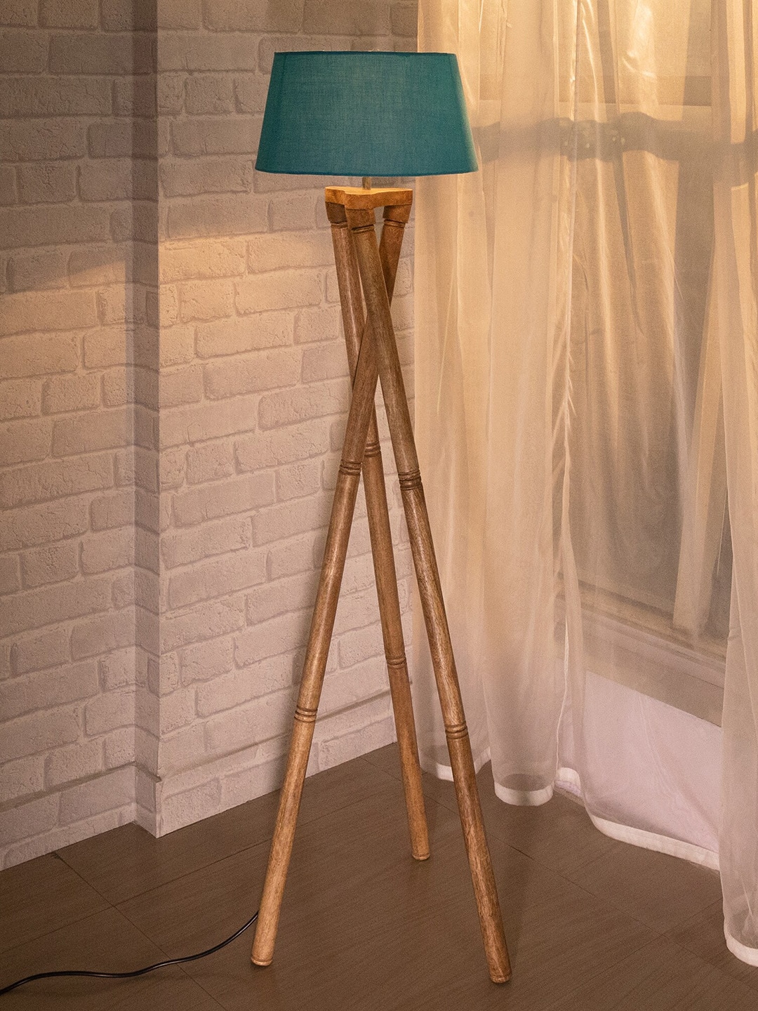 Homesake Blue Cross-leg Wood Tripod Floor Lamp Price in India
