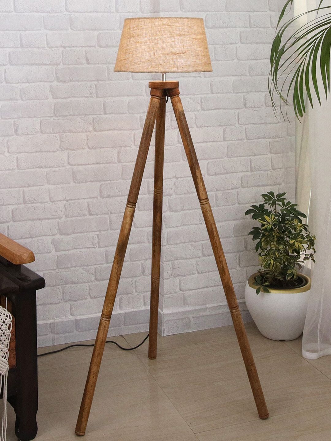 Homesake Brown & Beige Wood Tripod Floor Lamp Price in India