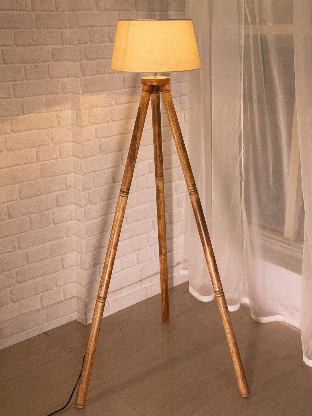 Homesake Beige Wooded Tripod Floor Lamp With Lamp Base Price in India