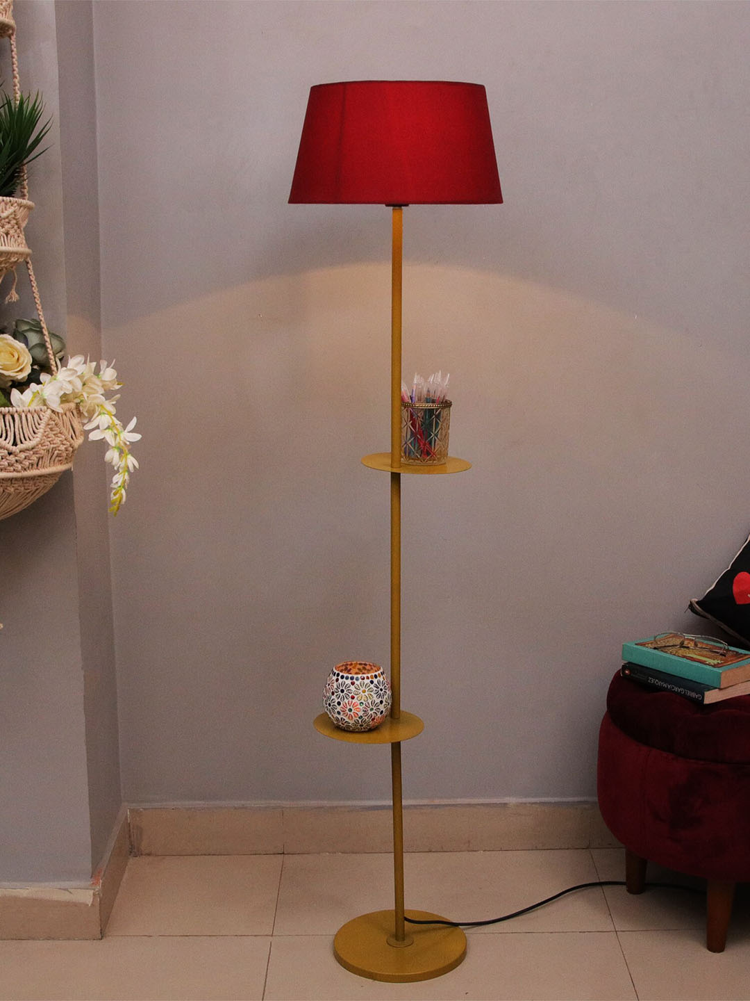 Homesake Red & Gold-Toned Duo Shelf Contemporary Metal Floor Lamp Price in India