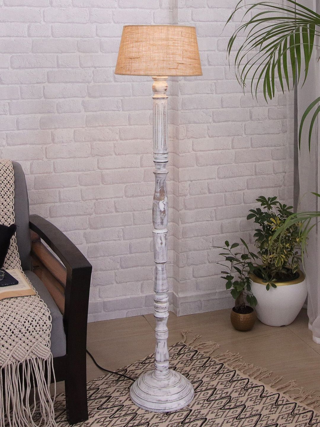 Homesake Jute Shade & Wooden Antique White Candlestick Floor lamp Price in India