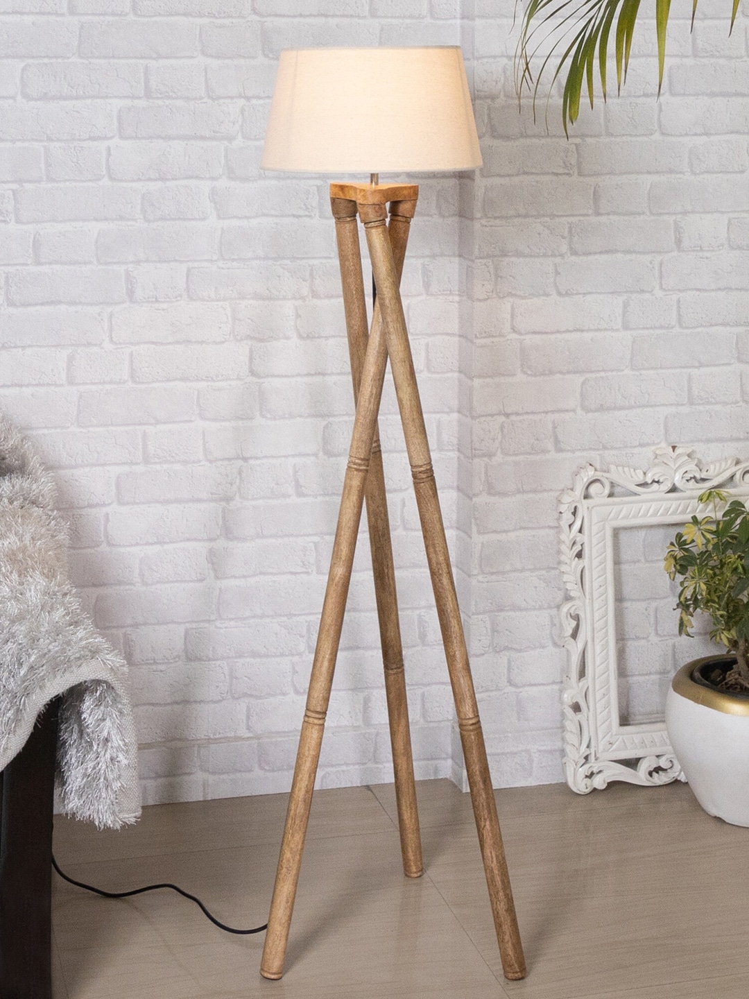 Homesake Khaki Wooden Tripod Floor Lamp With Shade Price in India