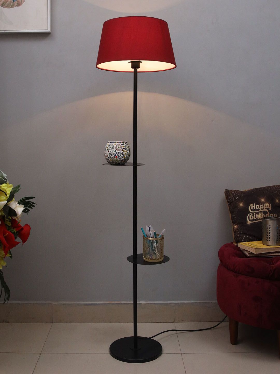 Homesake Black & Red Duo Shelf Metal Floor Lamp Price in India