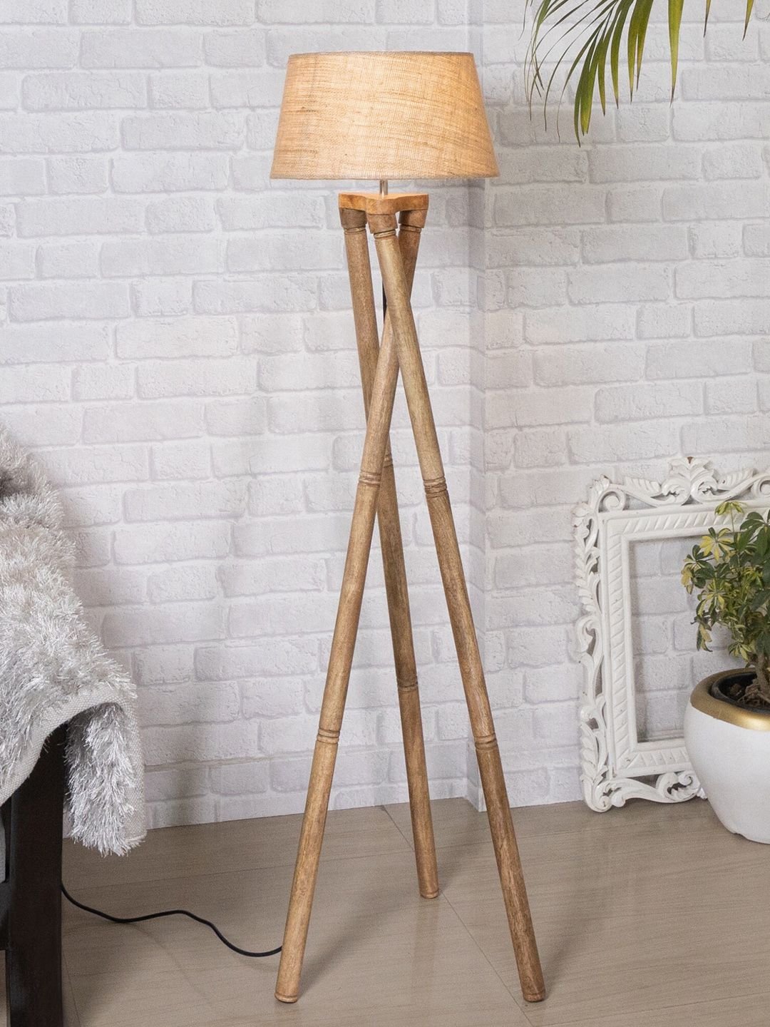 Homesake Beige Cross Leg Wood Tripod Floor Lamp with Jute Shade Price in India
