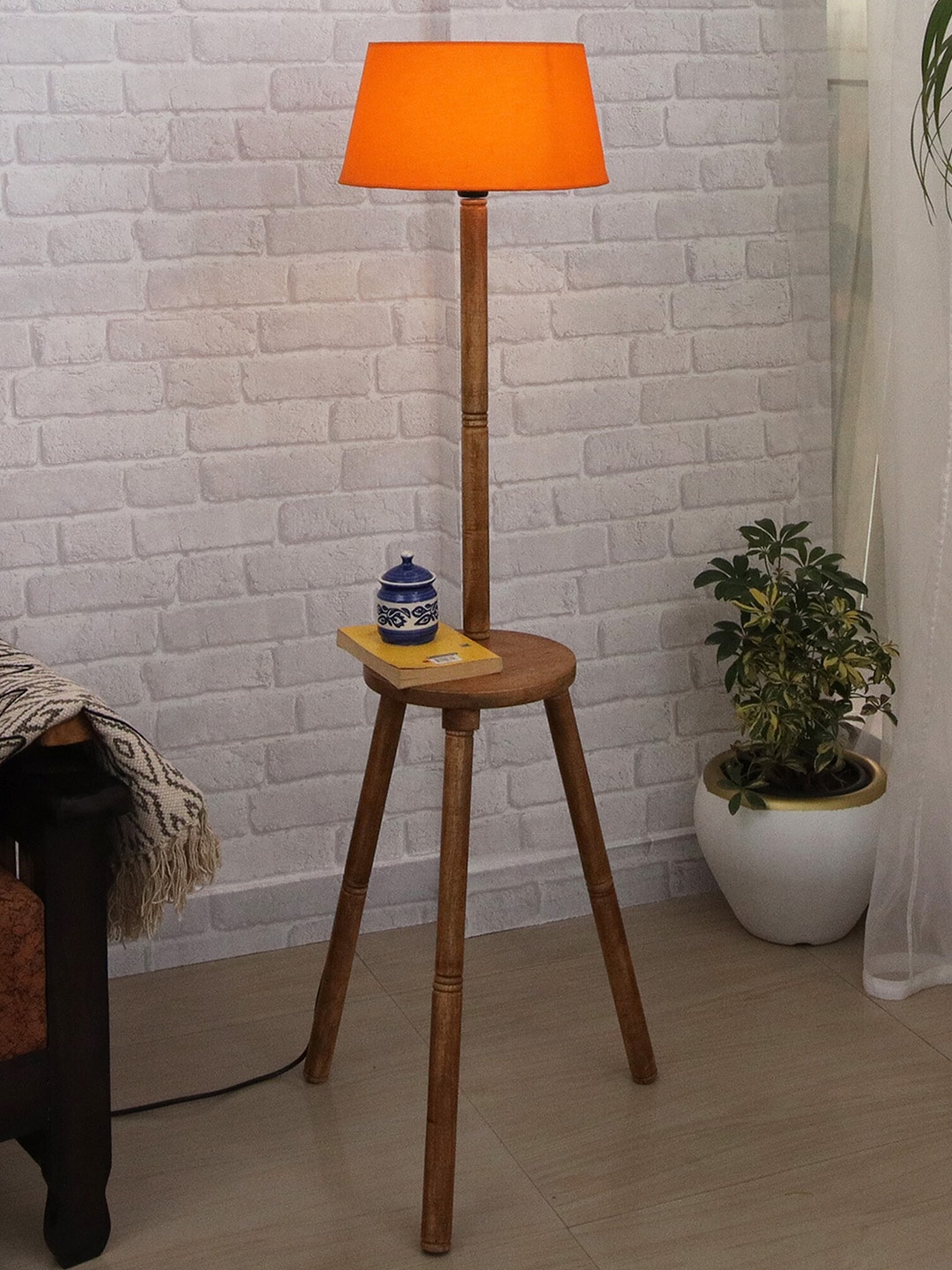 Homesake Orange Shade Wooden Tripod Floor Lamp Price in India