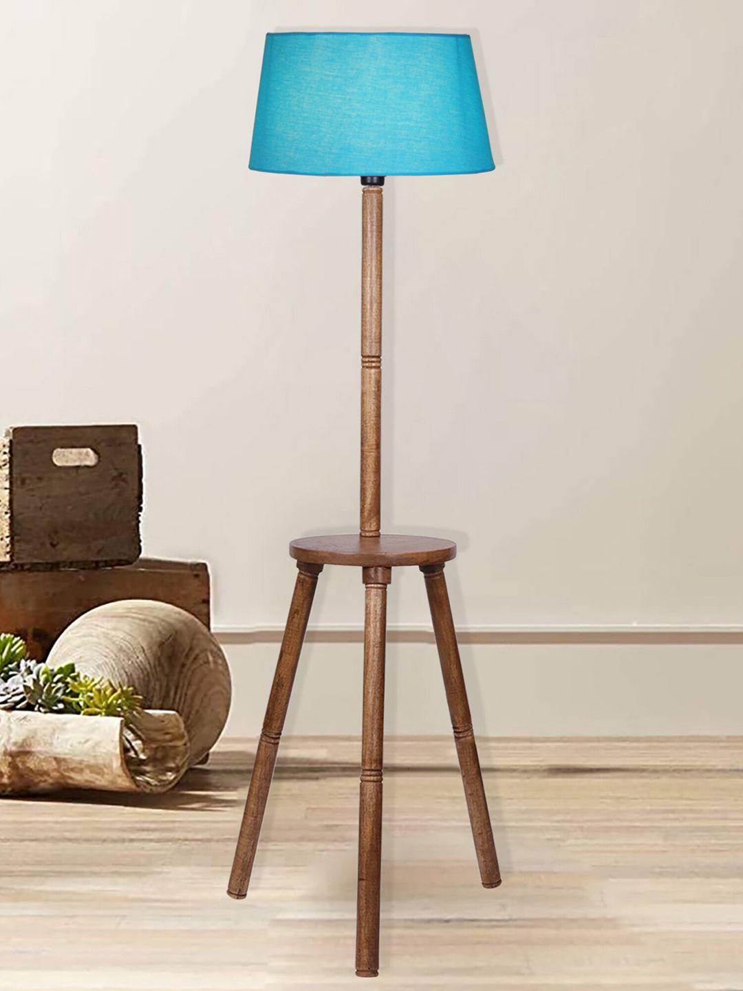 Homesake Turquoise Blue Wooden Tripod Floor Lamp With Shade Price in India