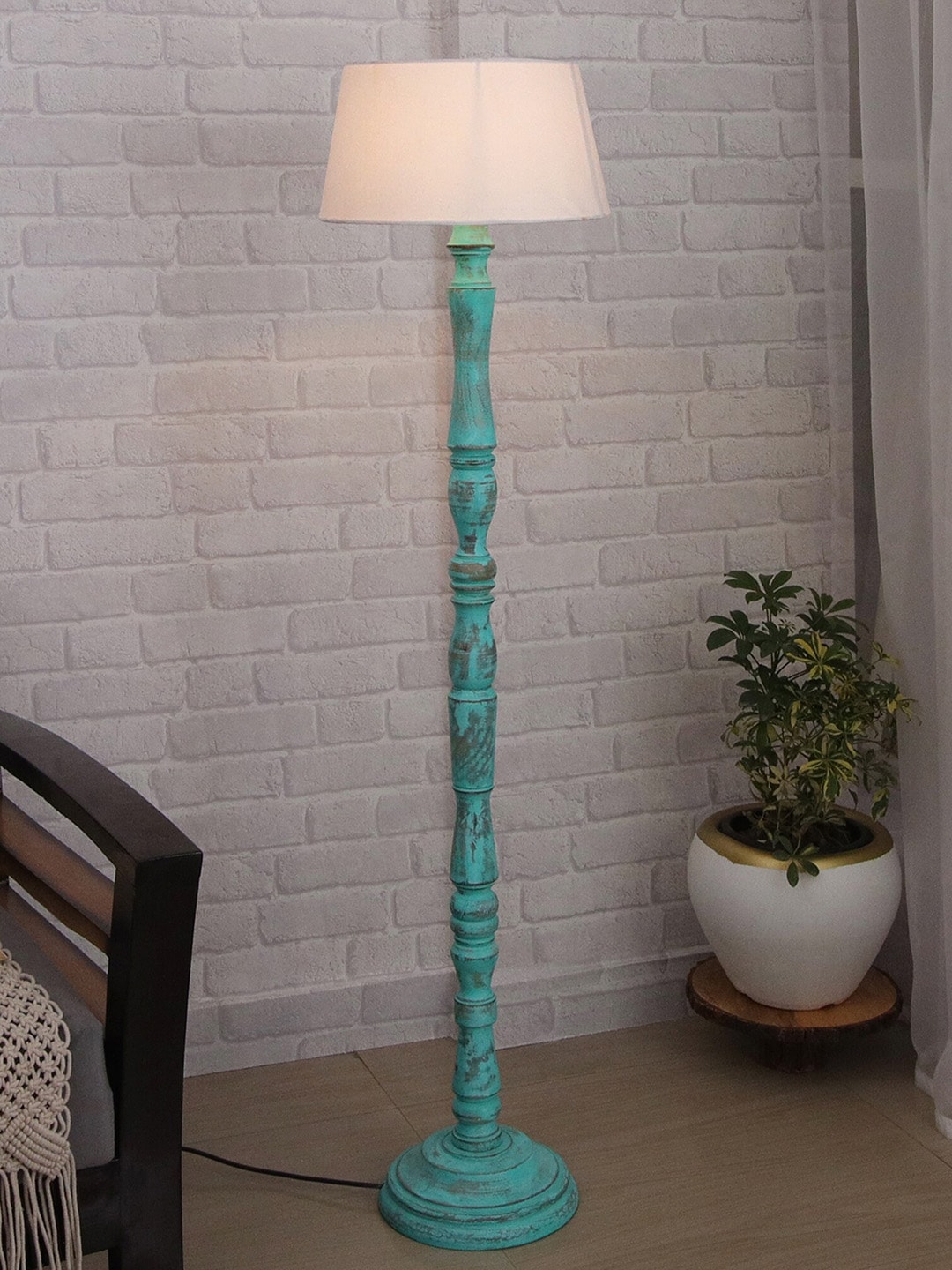 Homesake White & Sea Green Wood Antique Candlestick Floor Lamp Price in India